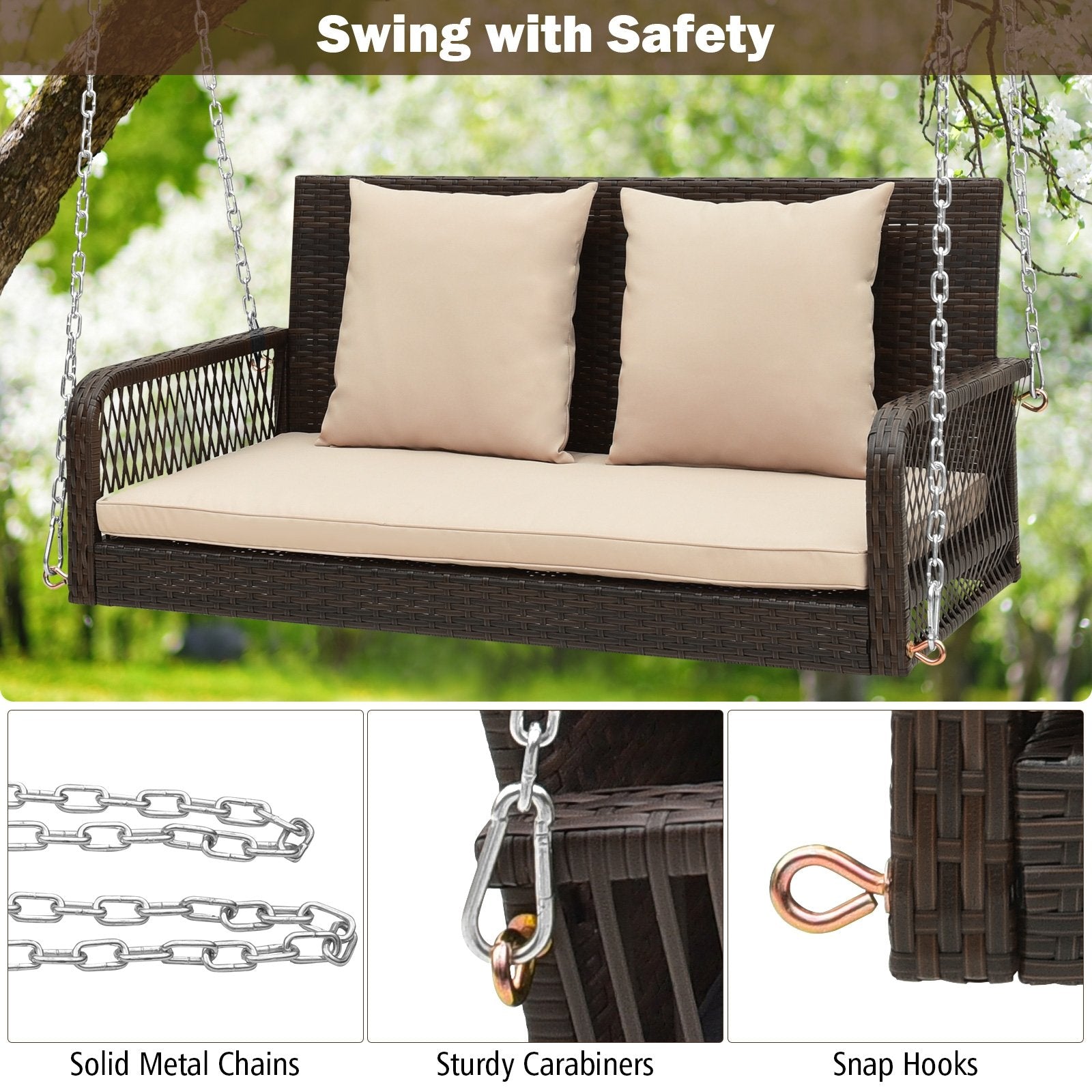 2-Person Outdoor Wicker Porch Swing with Seat and Back Cushions, Beige Porch Swings   at Gallery Canada