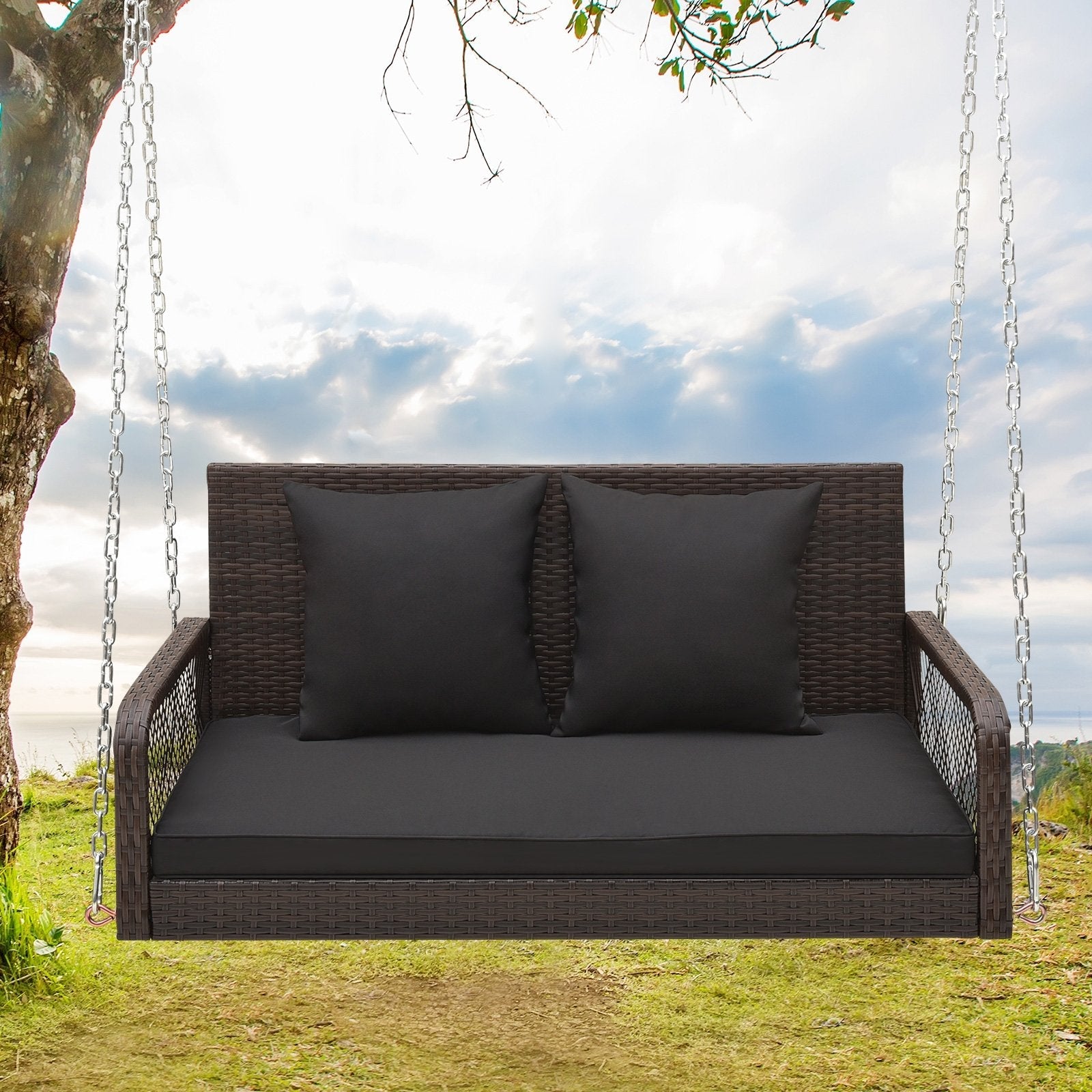 2-Person Outdoor Wicker Porch Swing with Seat and Back Cushions, Black Porch Swings   at Gallery Canada