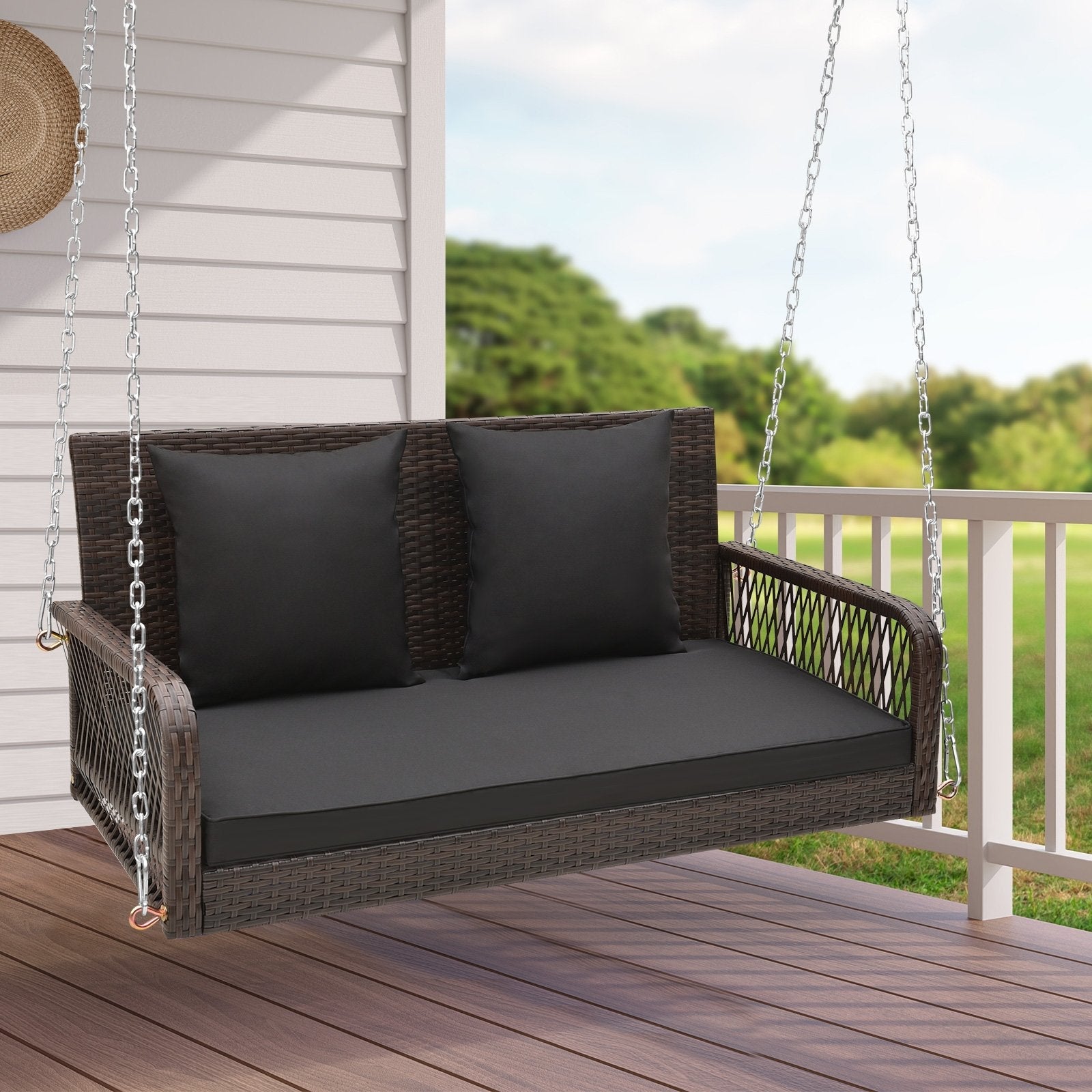 2-Person Outdoor Wicker Porch Swing with Seat and Back Cushions, Black Porch Swings   at Gallery Canada