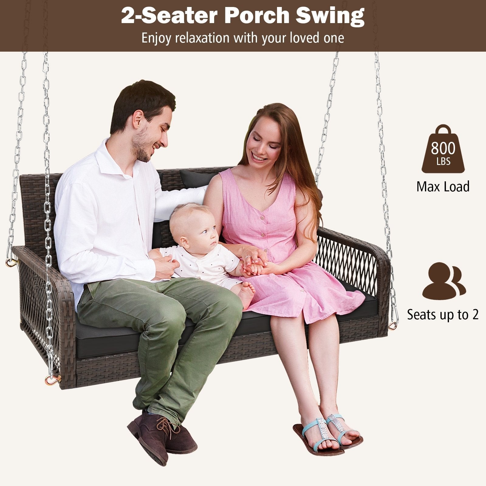 2-Person Outdoor Wicker Porch Swing with Seat and Back Cushions, Black Porch Swings   at Gallery Canada