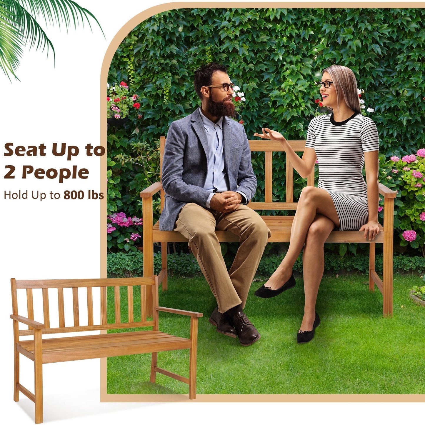 2-Person Patio Acacia Wood Bench with Backrest and Armrests, Natural Outdoor Benches   at Gallery Canada