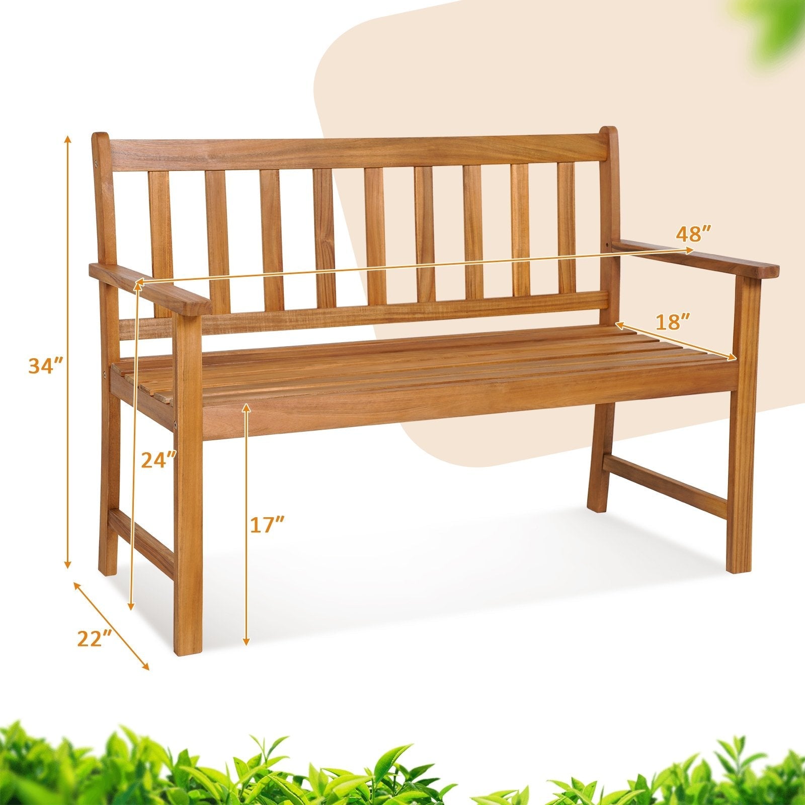 2-Person Patio Acacia Wood Bench with Backrest and Armrests, Natural Outdoor Benches   at Gallery Canada