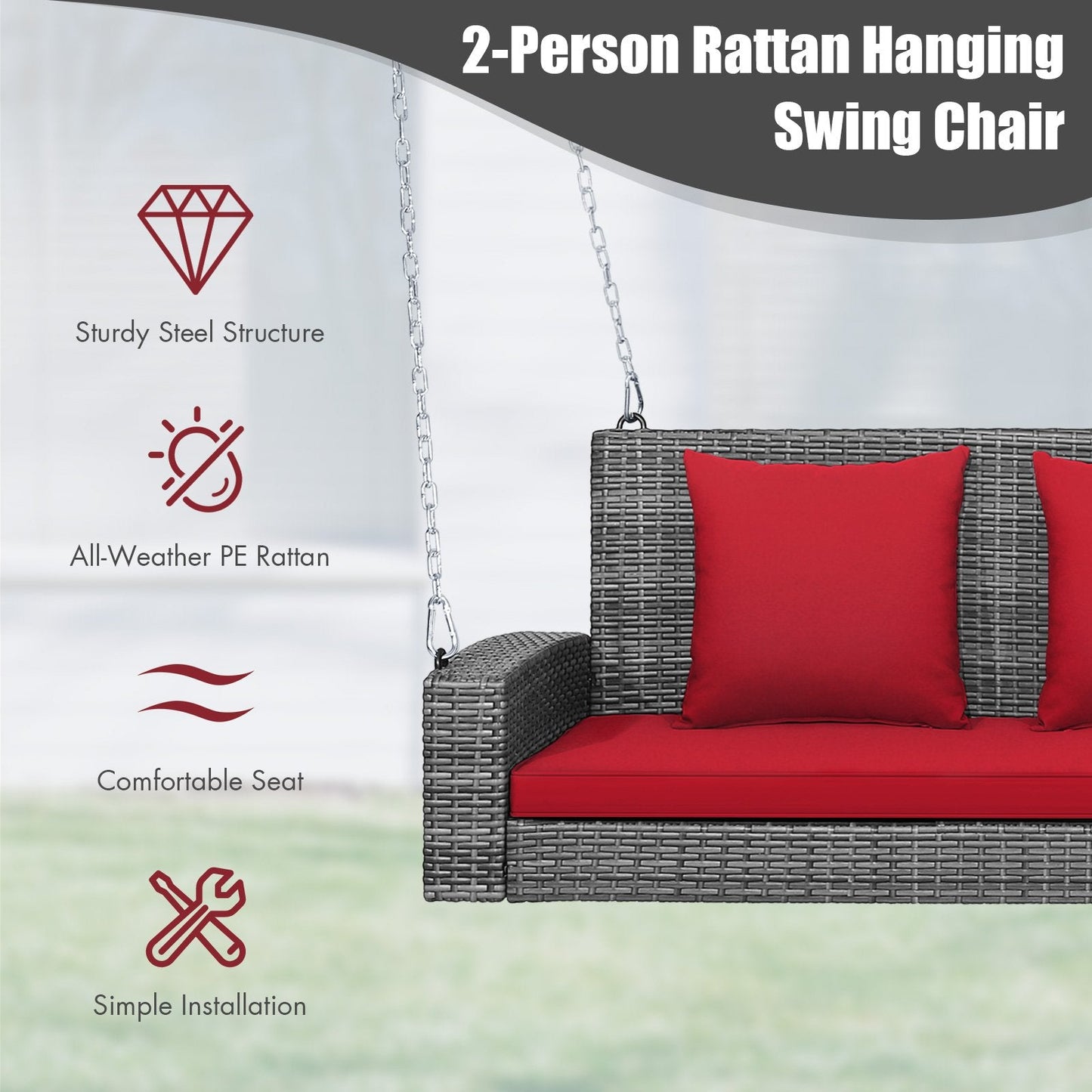 2-Person Patio PE Wicker Hanging Porch Swing Bench Chair Cushion 800 Pounds, Red Porch Swings   at Gallery Canada