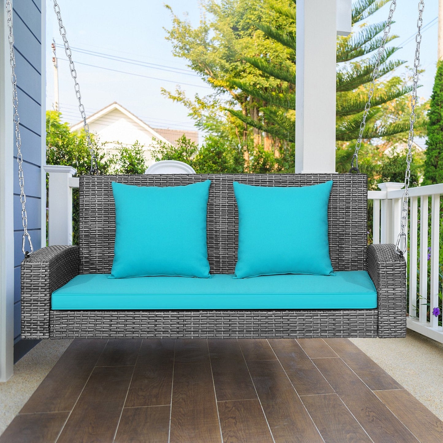 2-Person Patio PE Wicker Hanging Porch Swing Bench Chair Cushion 800 Pounds, Turquoise Porch Swings   at Gallery Canada