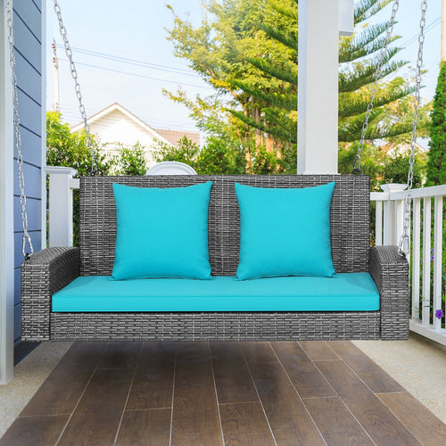 2-Person Patio PE Wicker Hanging Porch Swing Bench Chair Cushion 800 Pounds, Turquoise