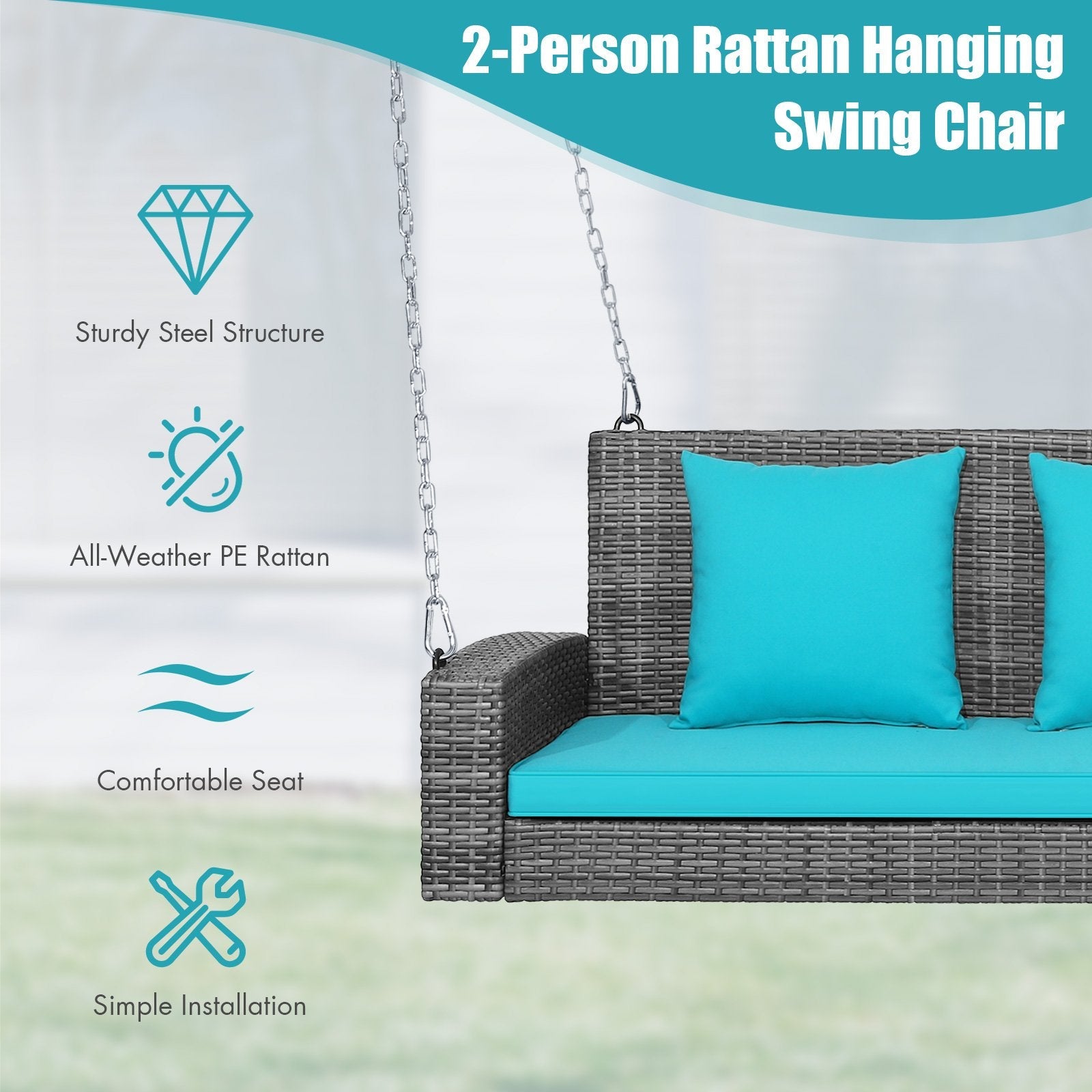 2-Person Patio PE Wicker Hanging Porch Swing Bench Chair Cushion 800 Pounds, Turquoise Porch Swings   at Gallery Canada