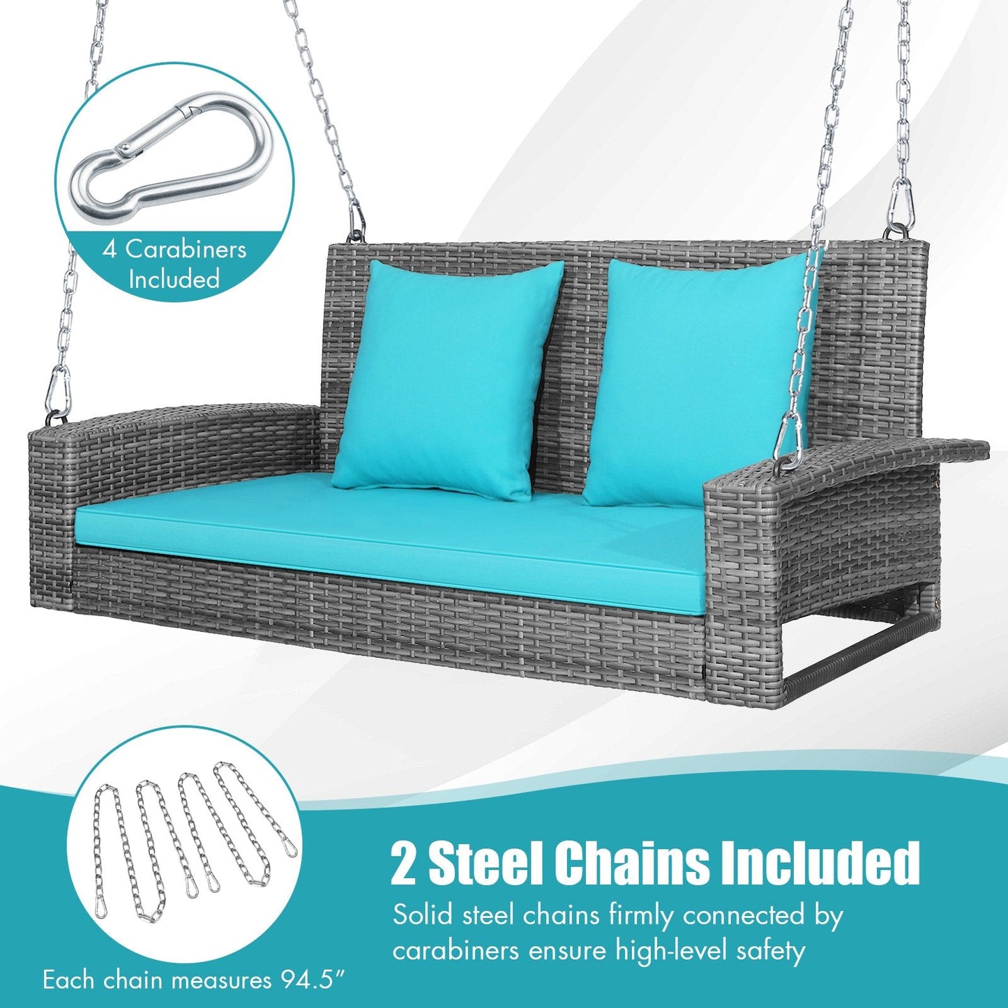 2-Person Patio PE Wicker Hanging Porch Swing Bench Chair Cushion 800 Pounds, Turquoise Porch Swings   at Gallery Canada