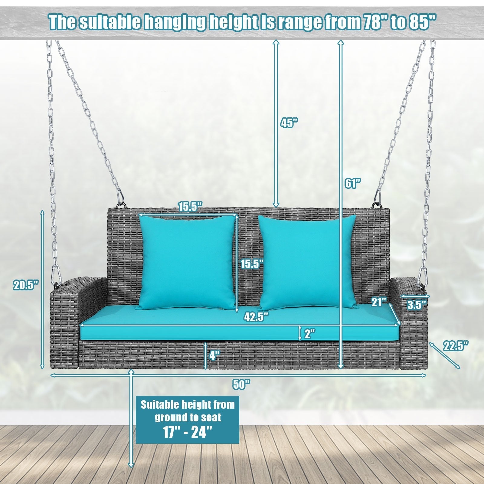 2-Person Patio PE Wicker Hanging Porch Swing Bench Chair Cushion 800 Pounds, Turquoise Porch Swings   at Gallery Canada