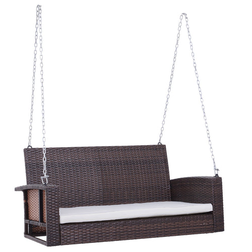 2-Person Patio Porch Swing Chair, Outdoor Rattan Hanging Bench with Cushion &; 7.2 ft Steel Chains, Beige