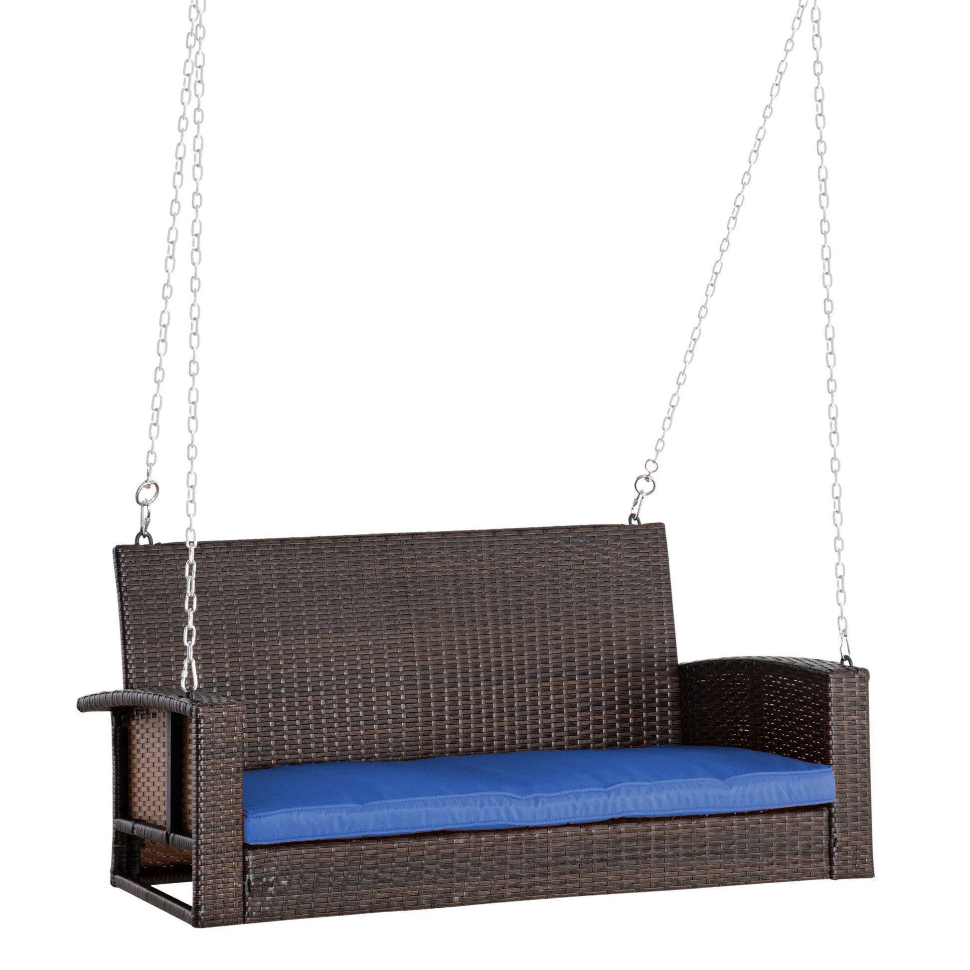 2-Person Patio Porch Swing Chair, Outdoor Rattan Hanging Bench with Cushion &; 7.2 ft Steel Chains, Dark Blue Hanging Porch Swings Mixed Brown  at Gallery Canada