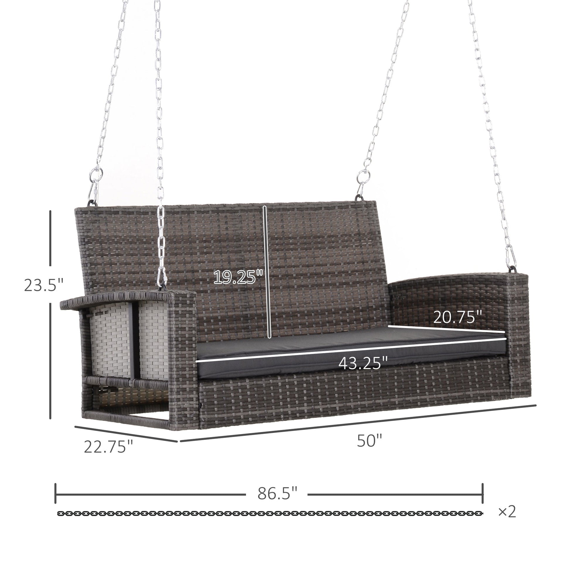 2-Person Patio Porch Swing Chair, Outdoor Rattan Hanging Bench with Cushion &; 7.2 ft Steel Chains, Grey Hanging Porch Swings   at Gallery Canada