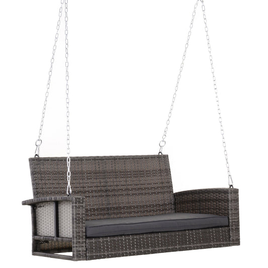 2-Person Patio Porch Swing Chair, Outdoor Rattan Hanging Bench with Cushion &; 7.2 ft Steel Chains, Grey Hanging Porch Swings Mixed Grey  at Gallery Canada