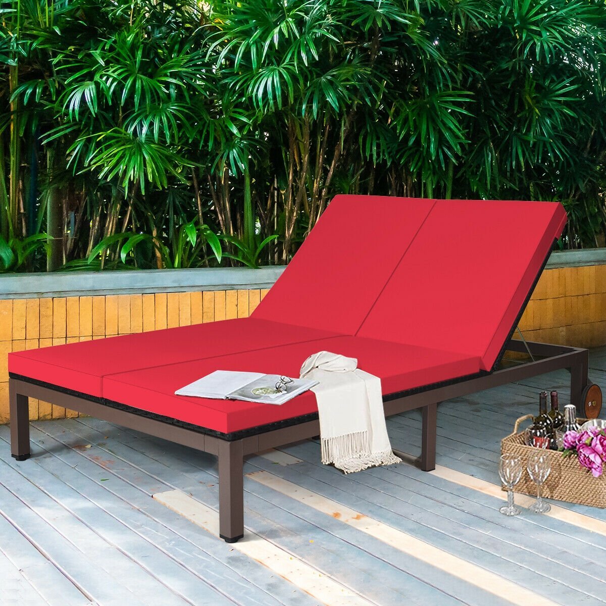 2-Person Patio Rattan Lounge Chair with Adjustable Backrest, Red Outdoor Chaise Lounges   at Gallery Canada