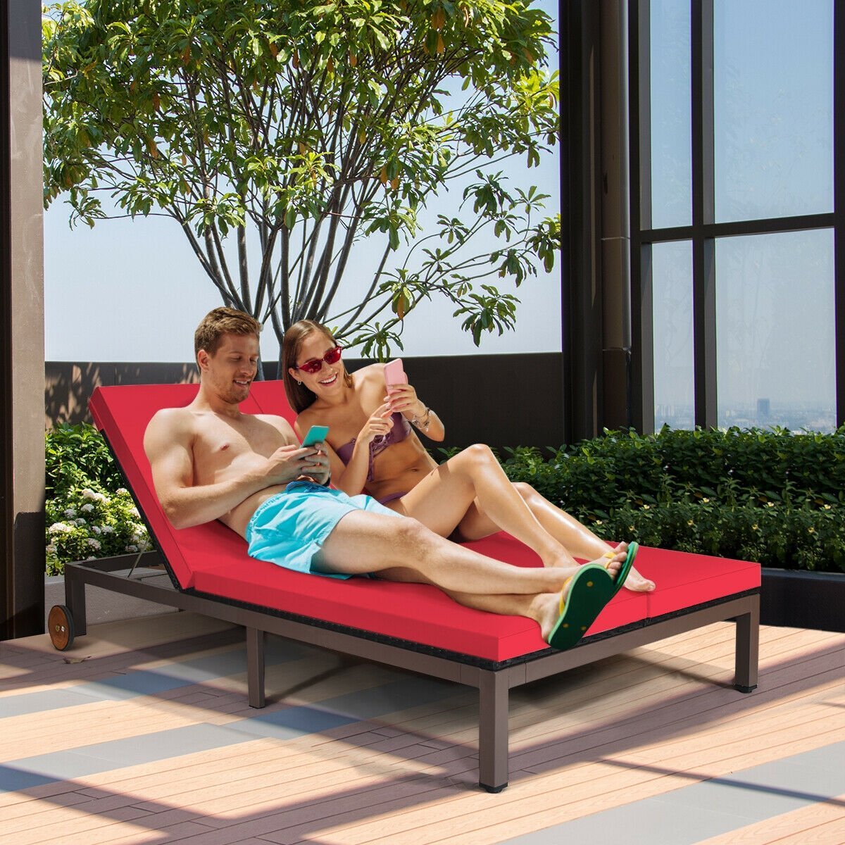 2-Person Patio Rattan Lounge Chair with Adjustable Backrest, Red Outdoor Chaise Lounges   at Gallery Canada