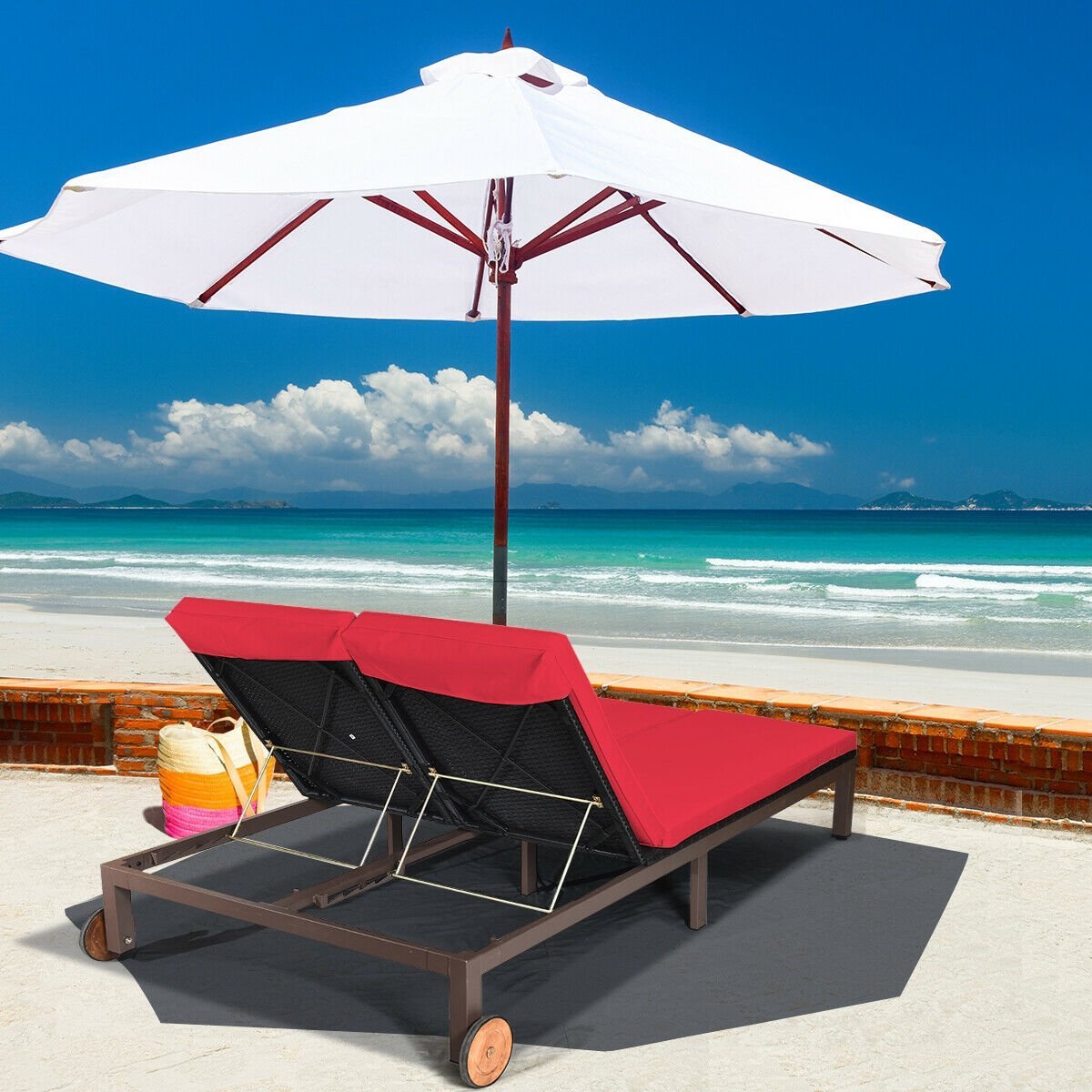 2-Person Patio Rattan Lounge Chair with Adjustable Backrest, Red Outdoor Chaise Lounges   at Gallery Canada