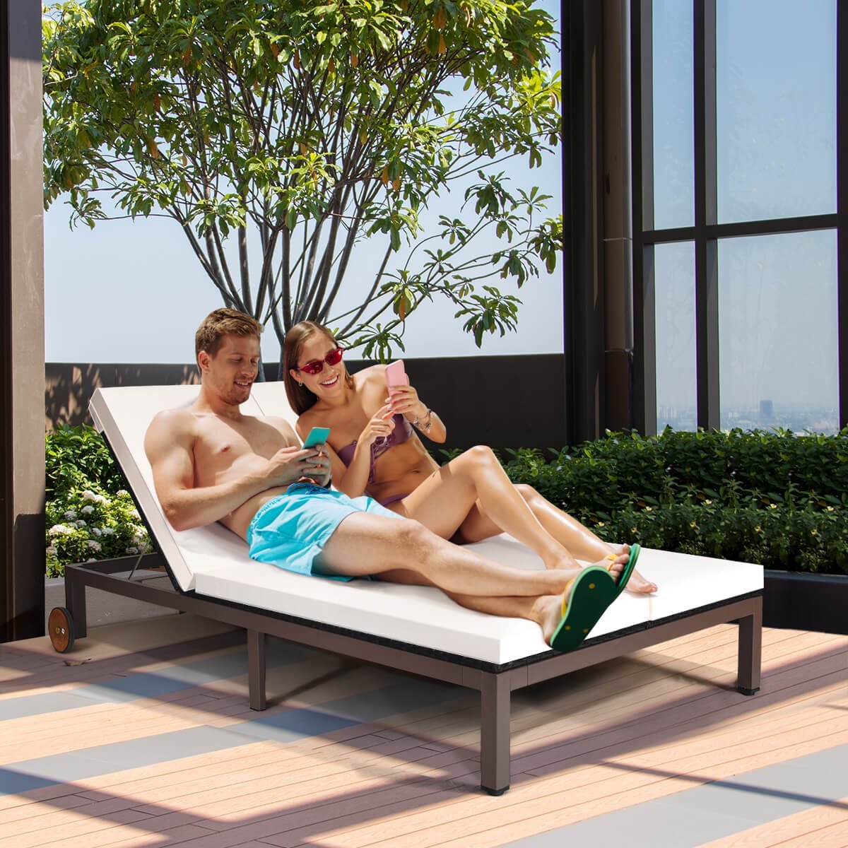 2-Person Patio Rattan Lounge Chair with Adjustable Backrest, White Outdoor Chaise Lounges   at Gallery Canada