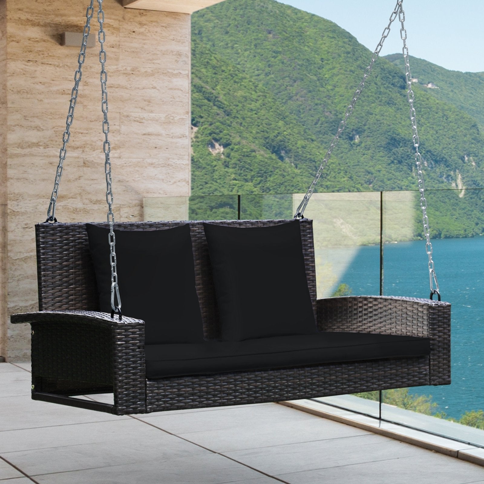 2-Person Patio Rattan Porch Swing with Cushions, Black Porch Swings   at Gallery Canada