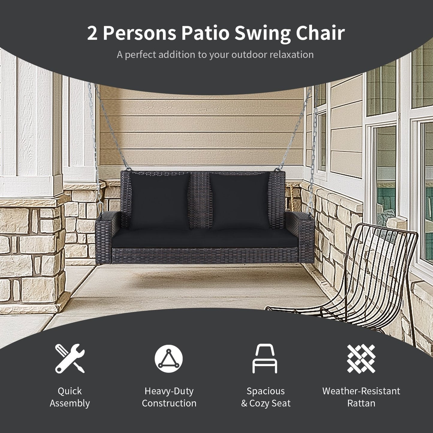 2-Person Patio Rattan Porch Swing with Cushions, Black Porch Swings   at Gallery Canada