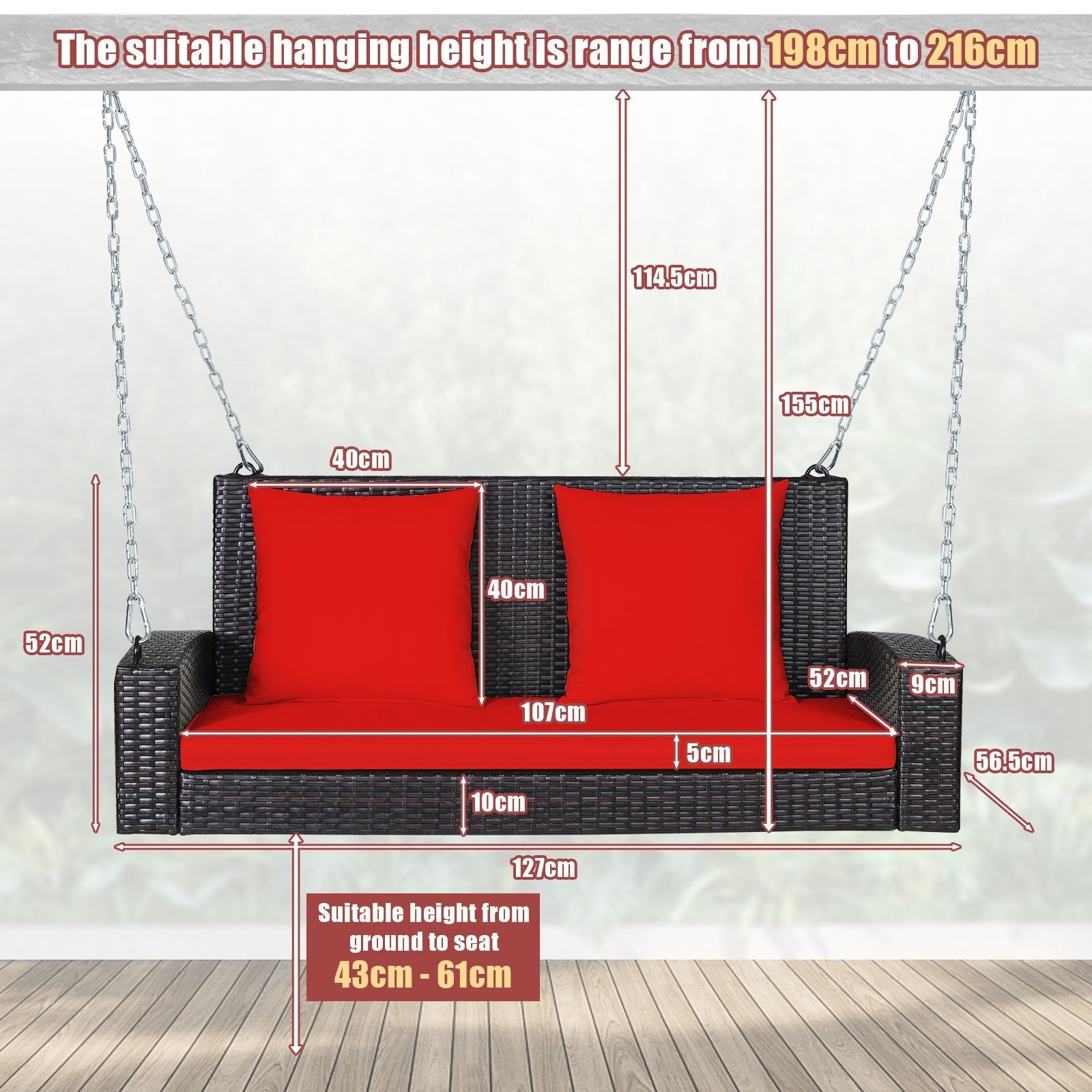 2-Person Patio Rattan Porch Swing with Cushions, Red Porch Swings   at Gallery Canada