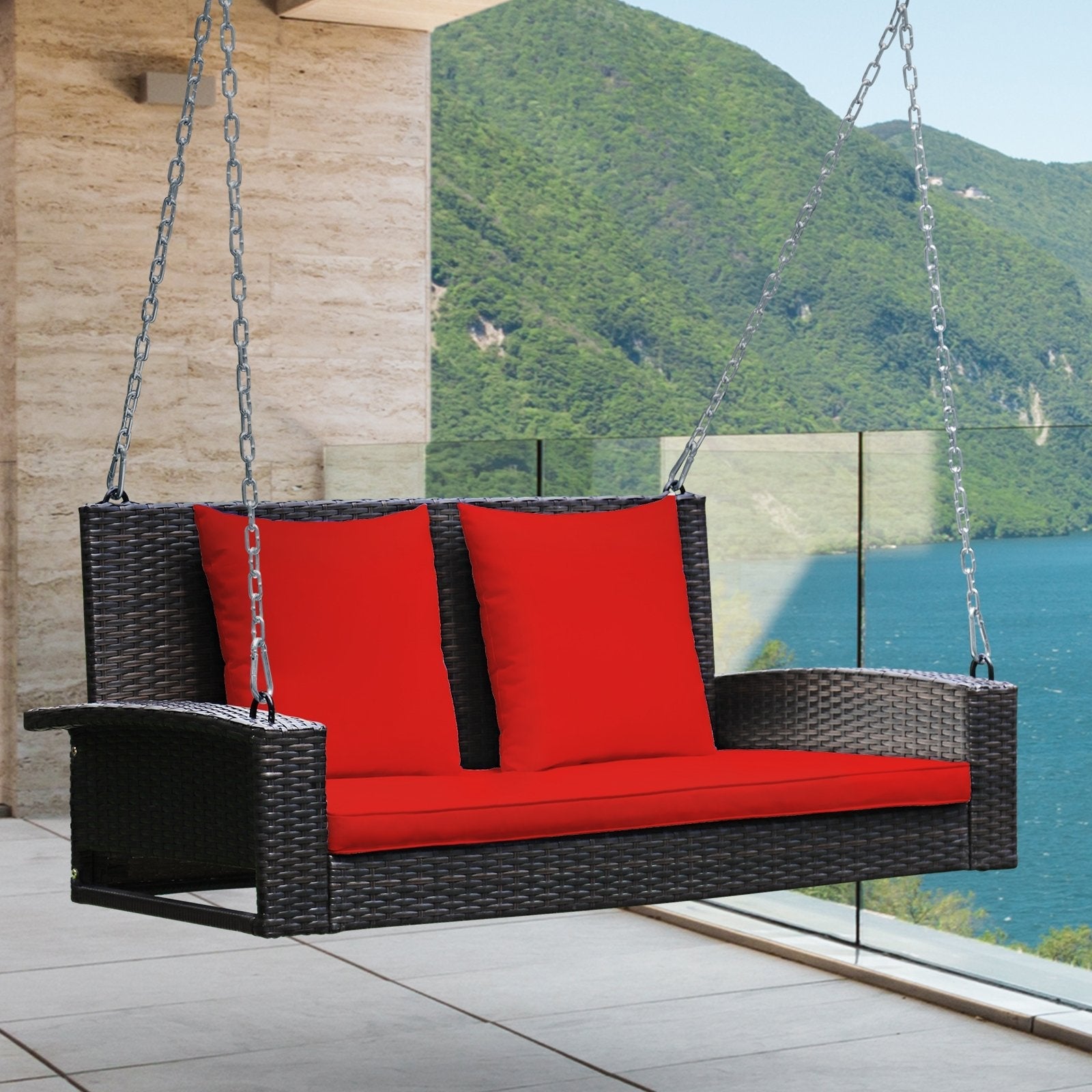 2-Person Patio Rattan Porch Swing with Cushions, Red Porch Swings   at Gallery Canada