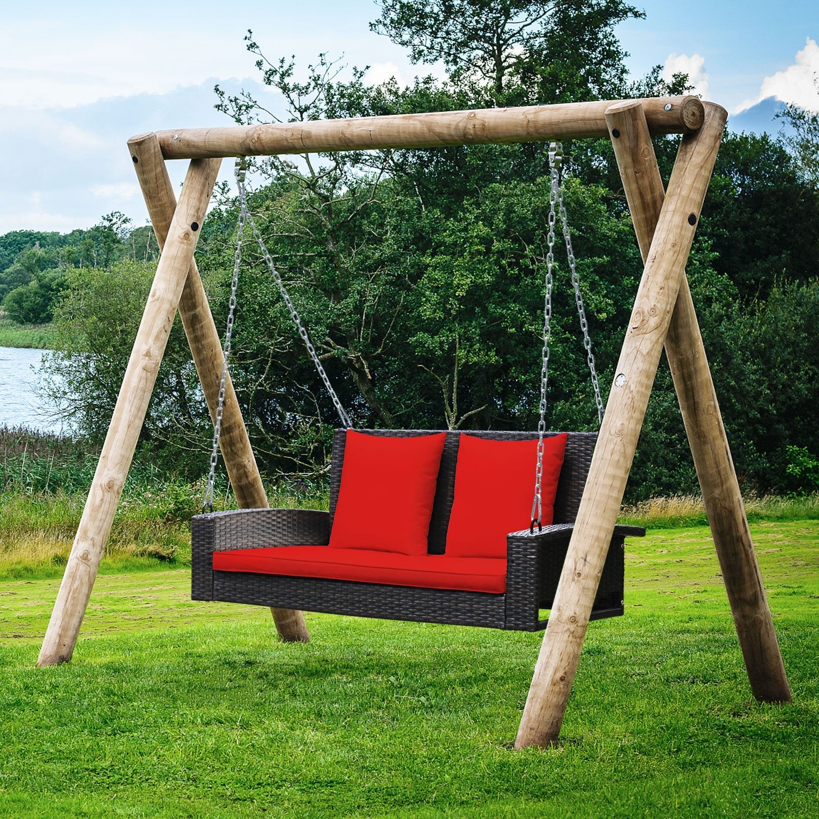 2-Person Patio Rattan Porch Swing with Cushions, Red Porch Swings   at Gallery Canada