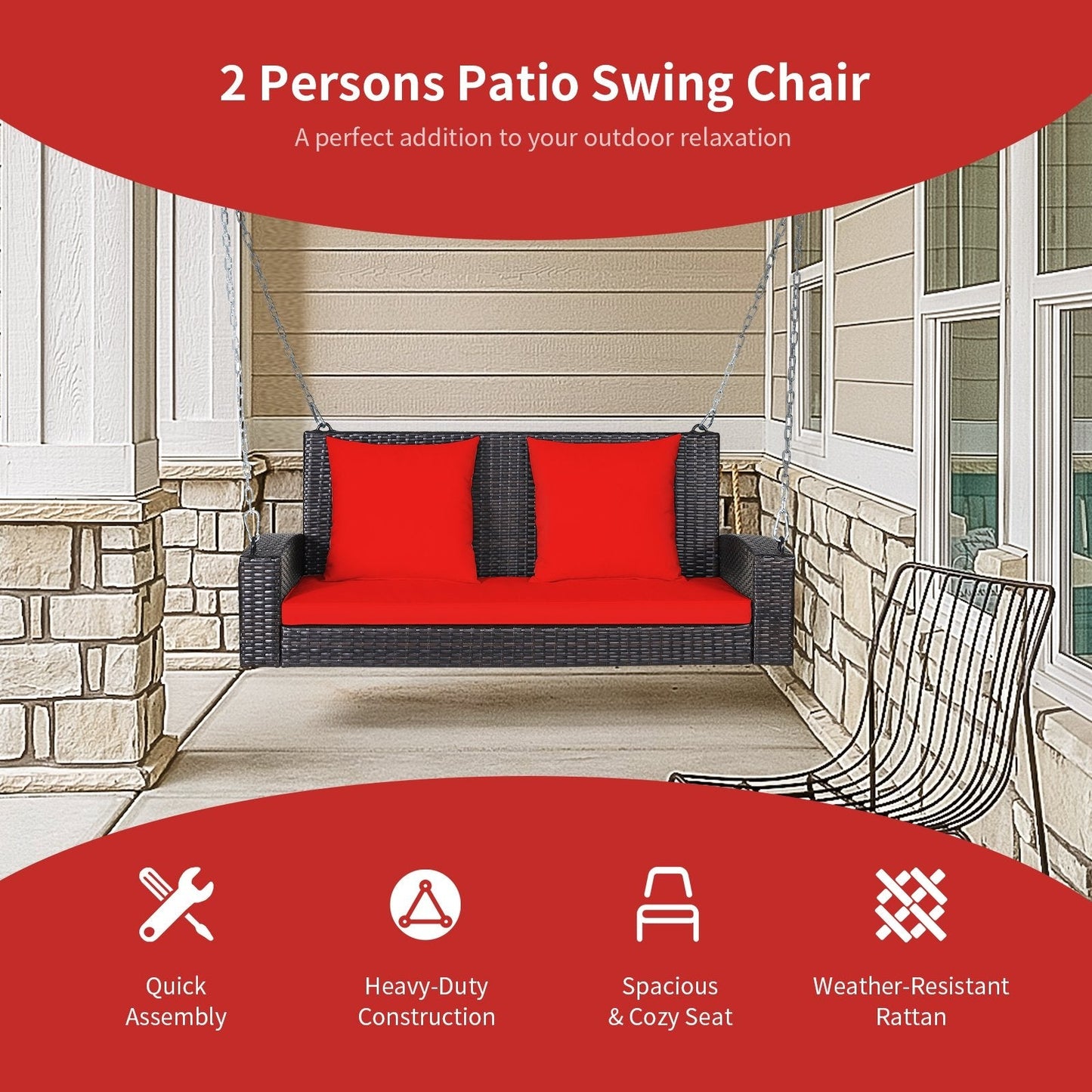 2-Person Patio Rattan Porch Swing with Cushions, Red Porch Swings   at Gallery Canada