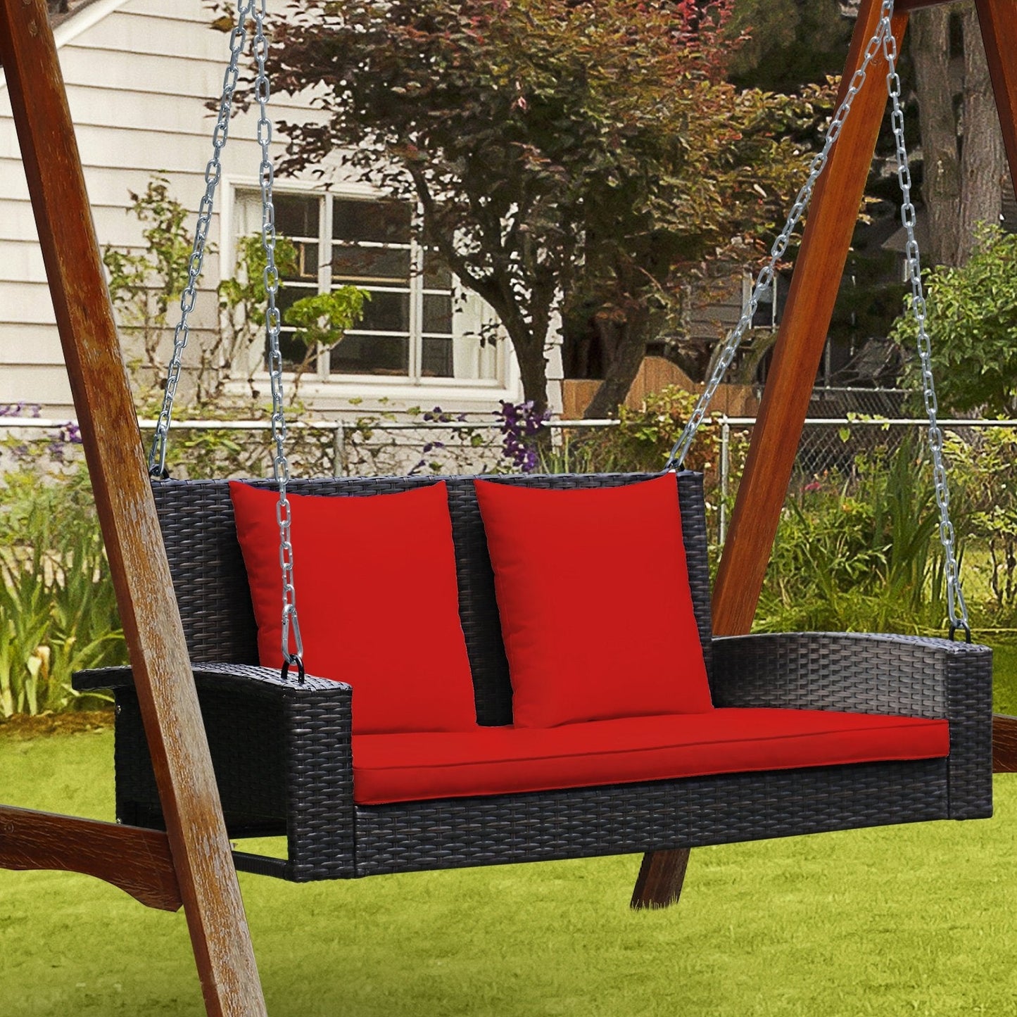 2-Person Patio Rattan Porch Swing with Cushions, Red Porch Swings   at Gallery Canada