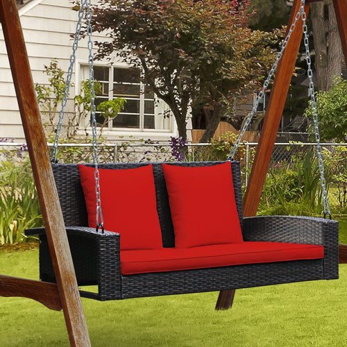 2-Person Patio Rattan Porch Swing with Cushions, Red