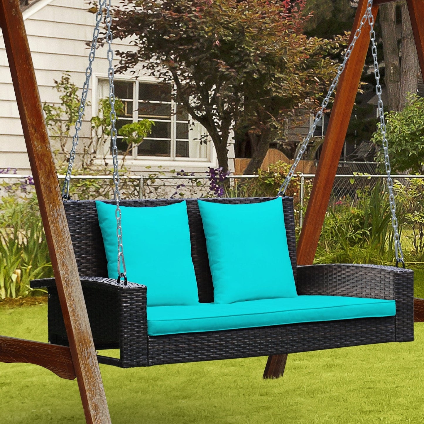 2-Person Patio Rattan Porch Swing with Cushions, Turquoise Porch Swings   at Gallery Canada