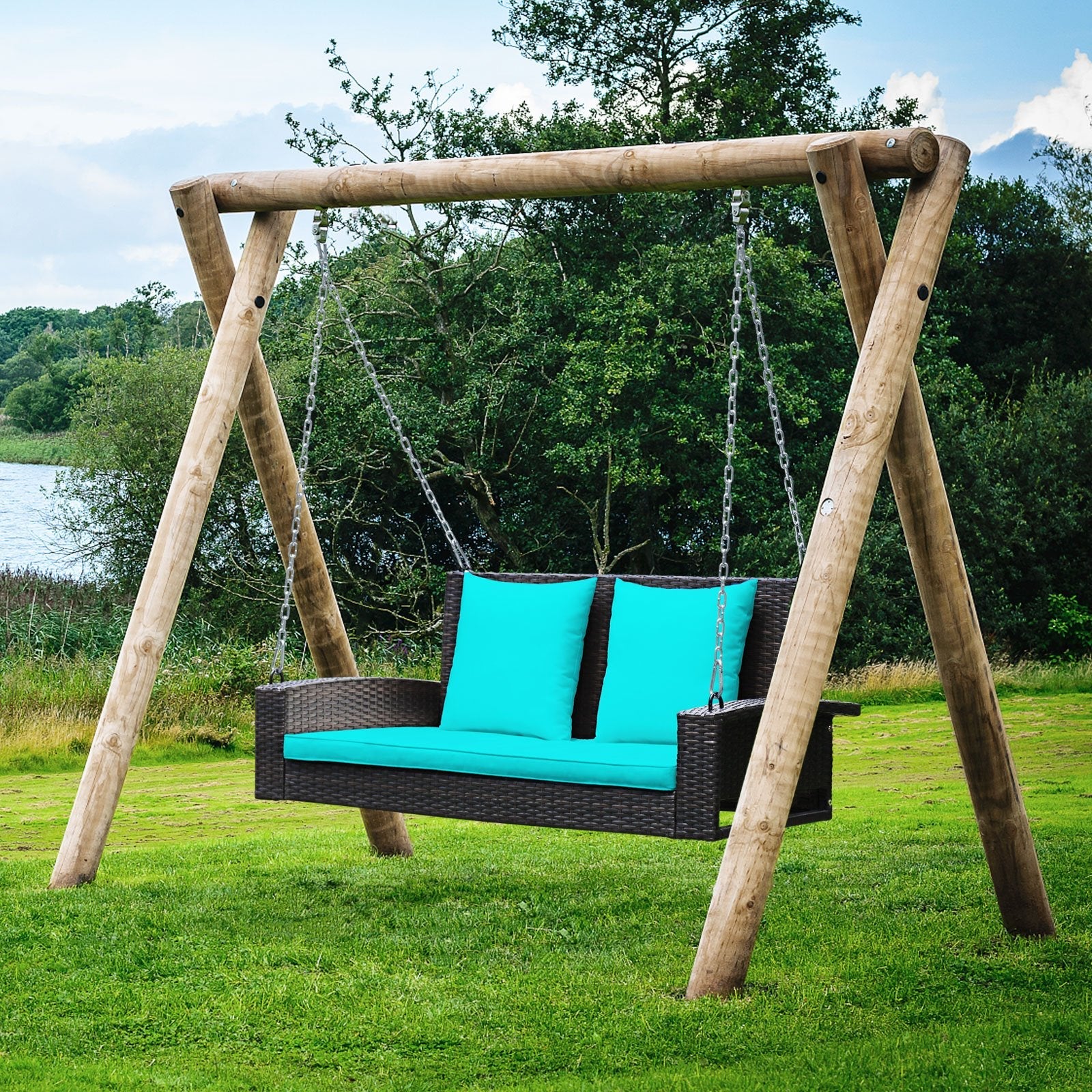 2-Person Patio Rattan Porch Swing with Cushions, Turquoise Porch Swings   at Gallery Canada