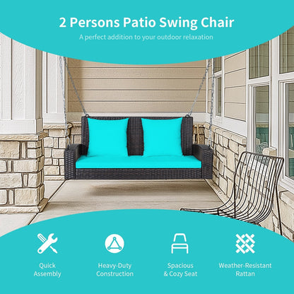 2-Person Patio Rattan Porch Swing with Cushions, Turquoise Porch Swings   at Gallery Canada