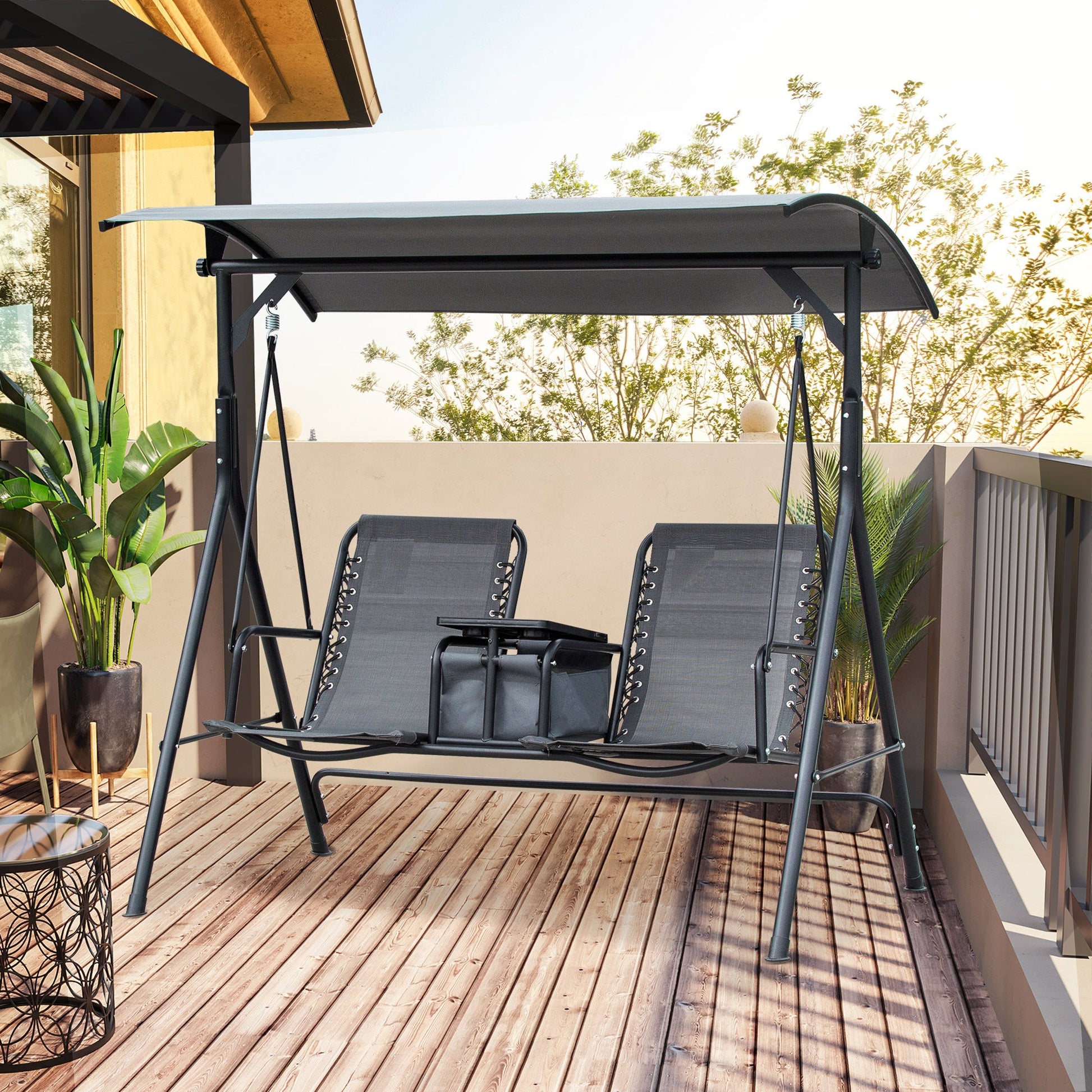 2 Person Patio Swing chair Porch Swings Bench Swing Glider with Pivot Storage Table, Cup Holder, &; Adjustable Overhead Canopy, Gray Patio Swings with Stand   at Gallery Canada