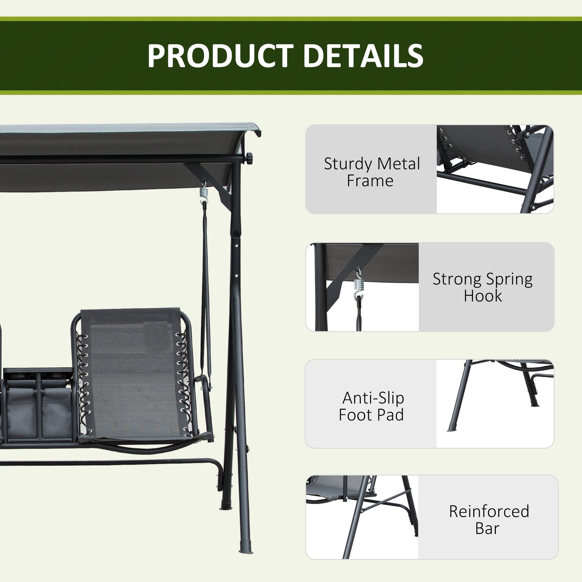 2 Person Patio Swing chair Porch Swings Bench Swing Glider with Pivot Storage Table, Cup Holder, &; Adjustable Overhead Canopy, Gray Patio Swings with Stand   at Gallery Canada