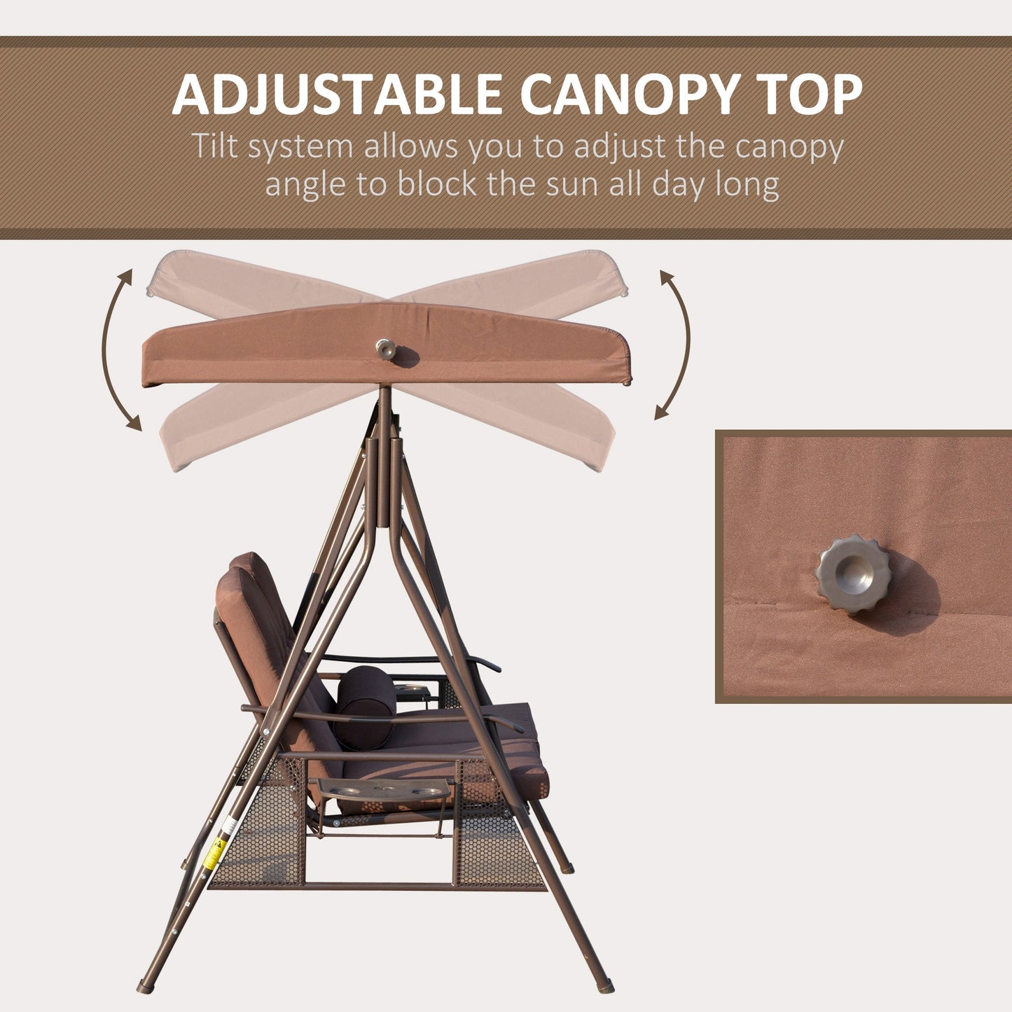 Adjustable Canopy 2-Person Patio Swing Chair with Cushions and Tray, Brown Patio Swings with Stand   at Gallery Canada