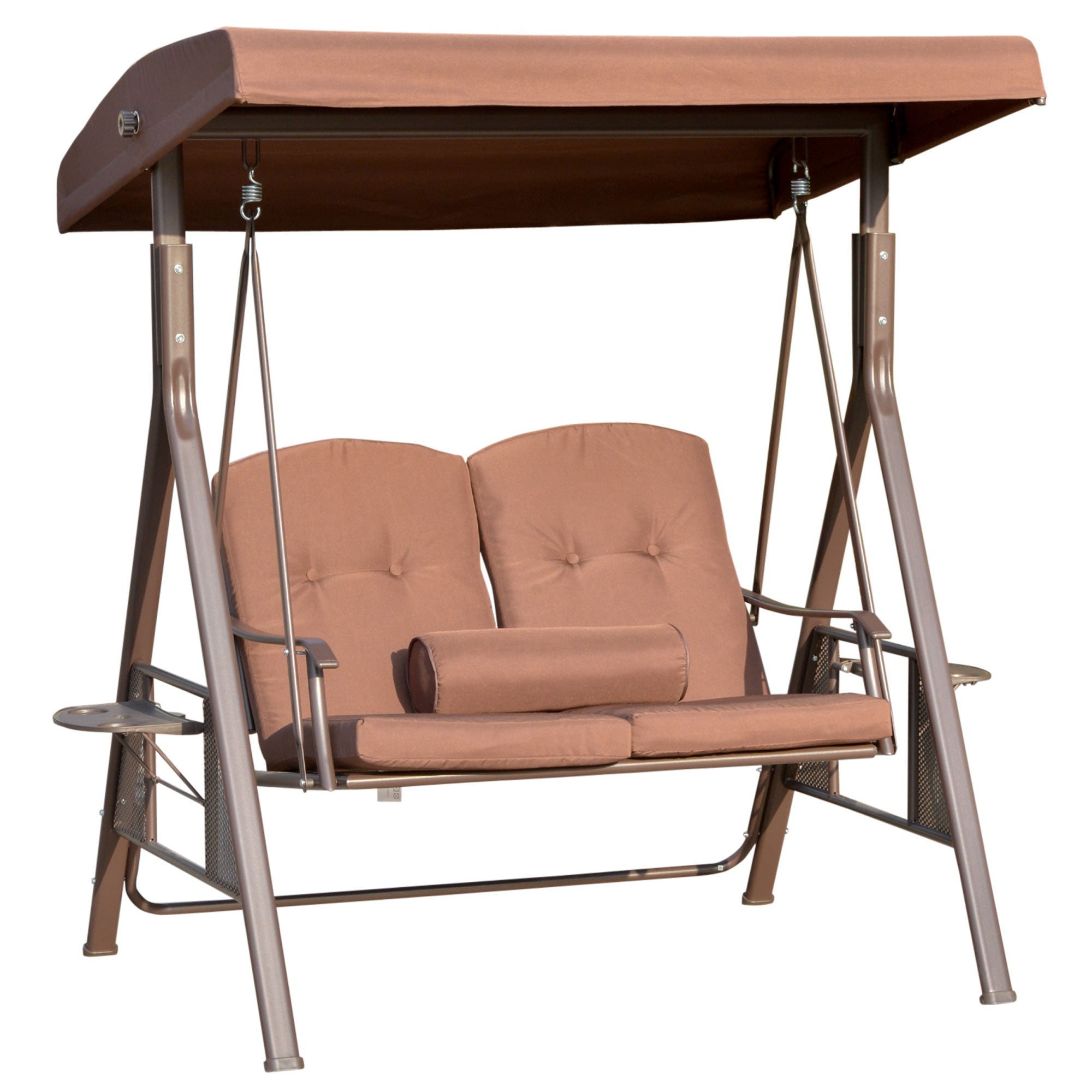 Adjustable Canopy 2-Person Patio Swing Chair with Cushions and Tray, Brown Patio Swings with Stand Brown  at Gallery Canada