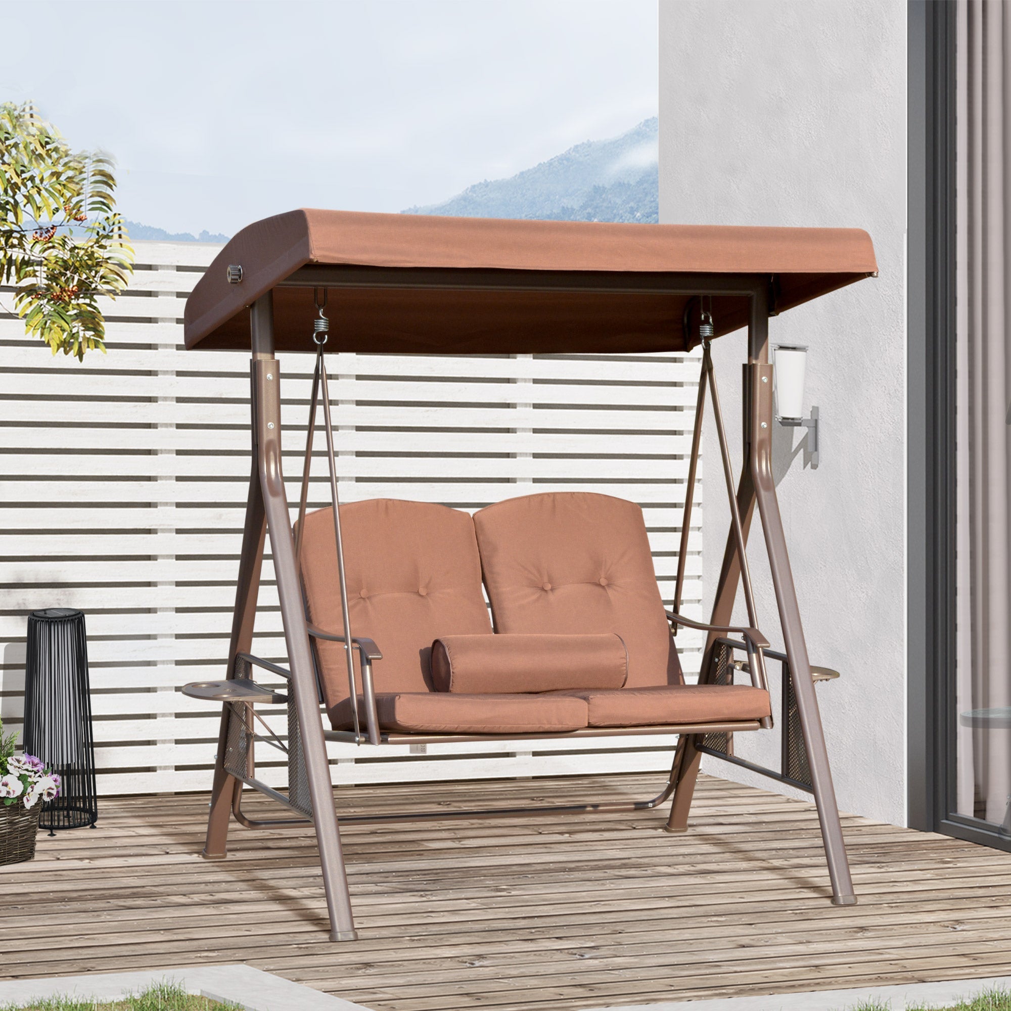 Adjustable Canopy 2-Person Patio Swing Chair with Cushions and Tray, Brown Patio Swings with Stand   at Gallery Canada