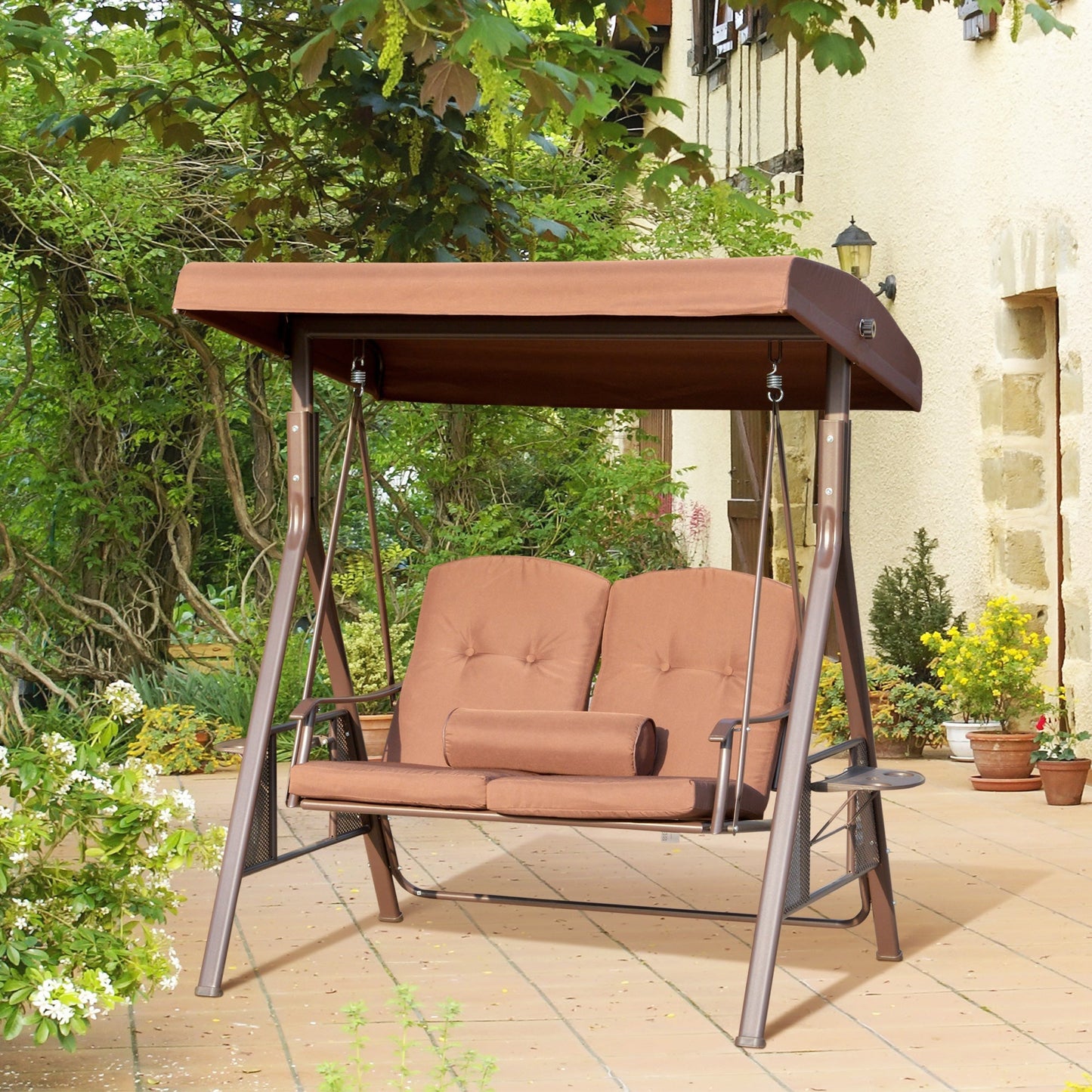 Adjustable Canopy 2-Person Patio Swing Chair with Cushions and Tray, Brown Patio Swings with Stand   at Gallery Canada