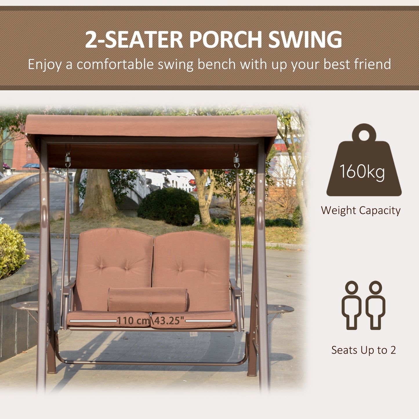 Adjustable Canopy 2-Person Patio Swing Chair with Cushions and Tray, Brown Patio Swings with Stand   at Gallery Canada