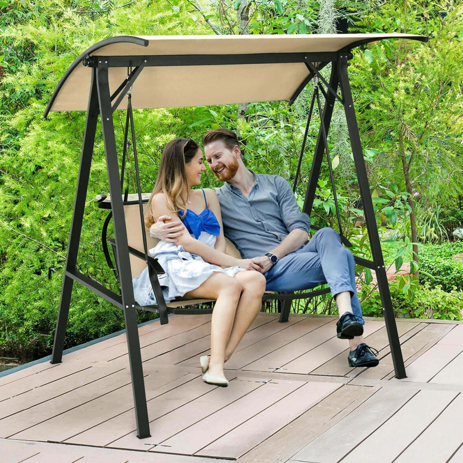 2 Person Patio Swing with Weather Resistant Glider and Adjustable Canopy, Beige Porch Swings   at Gallery Canada