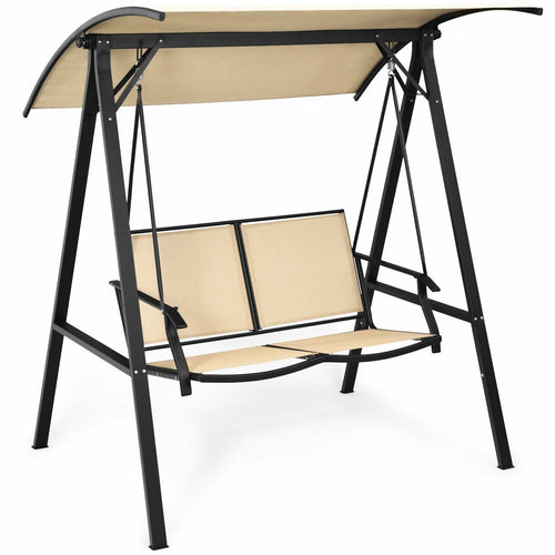 2 Person Patio Swing with Weather Resistant Glider and Adjustable Canopy, Beige