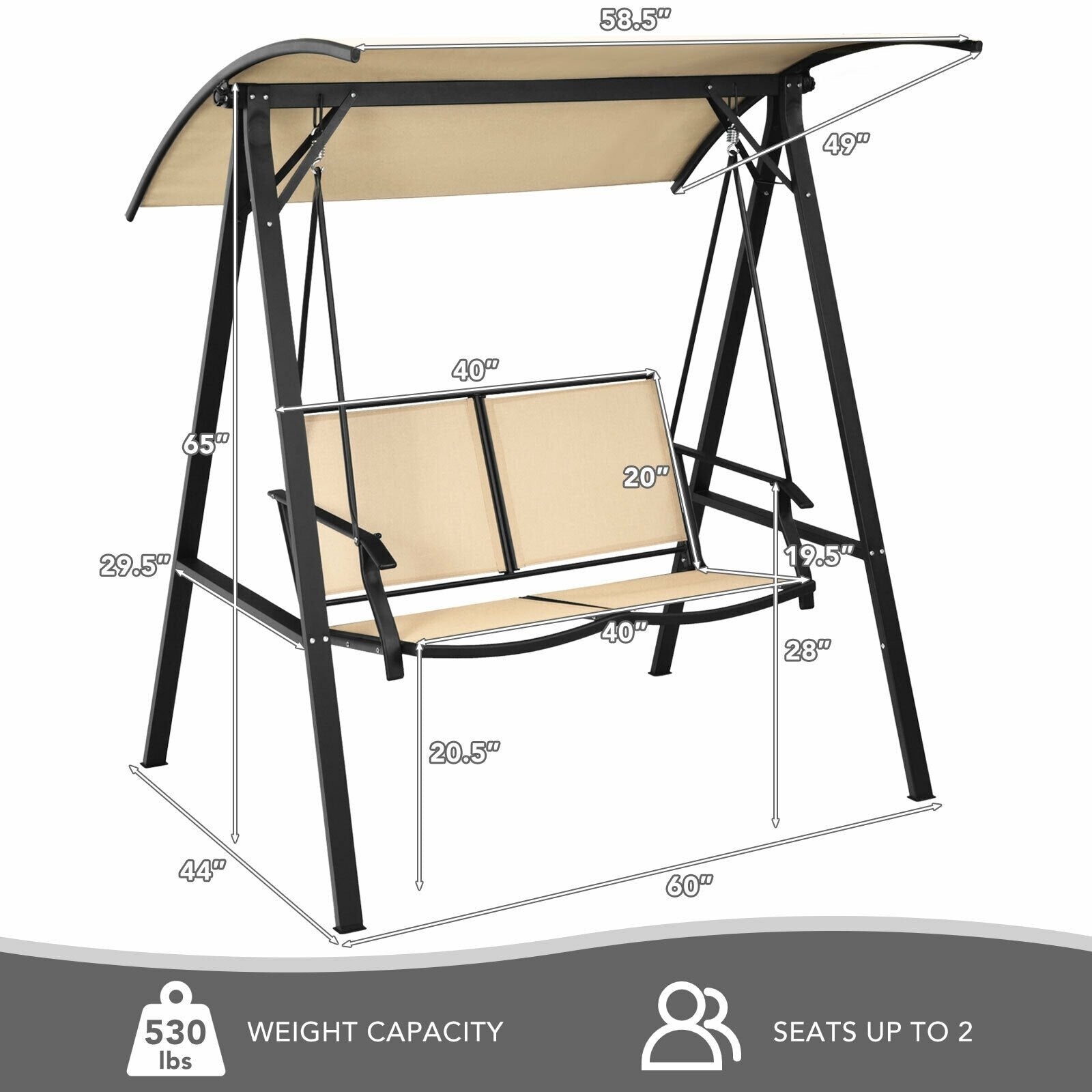 2 Person Patio Swing with Weather Resistant Glider and Adjustable Canopy, Beige Porch Swings   at Gallery Canada