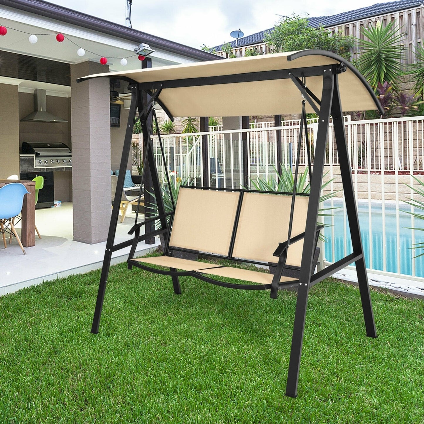 2 Person Patio Swing with Weather Resistant Glider and Adjustable Canopy, Beige Porch Swings   at Gallery Canada