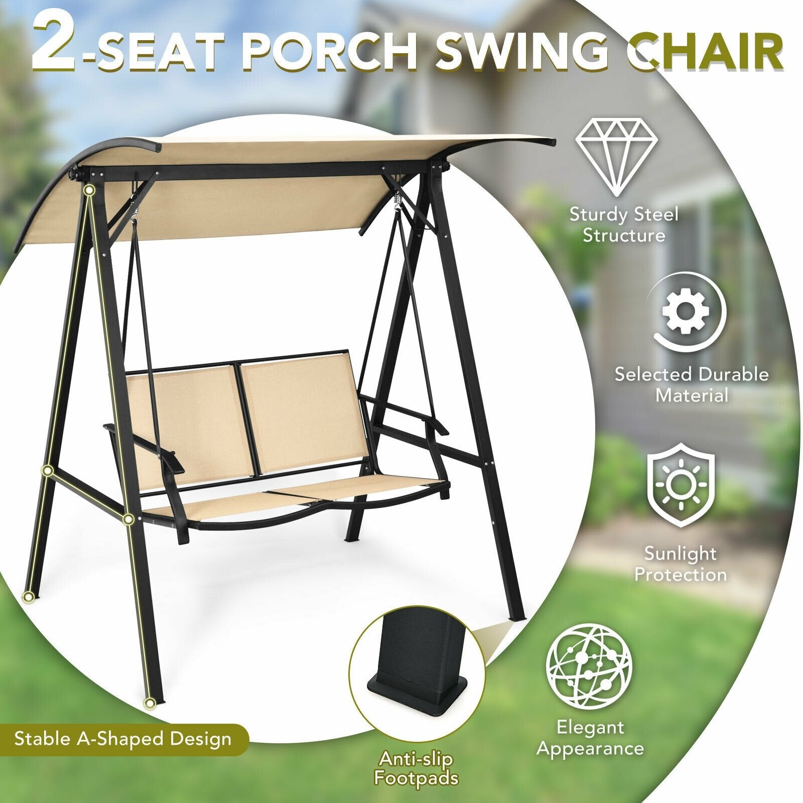 2 Person Patio Swing with Weather Resistant Glider and Adjustable Canopy, Beige Porch Swings   at Gallery Canada