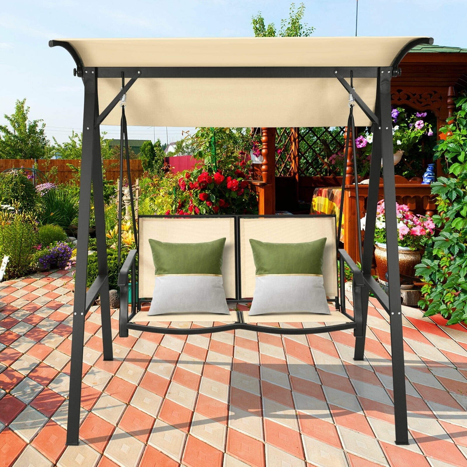 2 Person Patio Swing with Weather Resistant Glider and Adjustable Canopy, Beige Porch Swings   at Gallery Canada