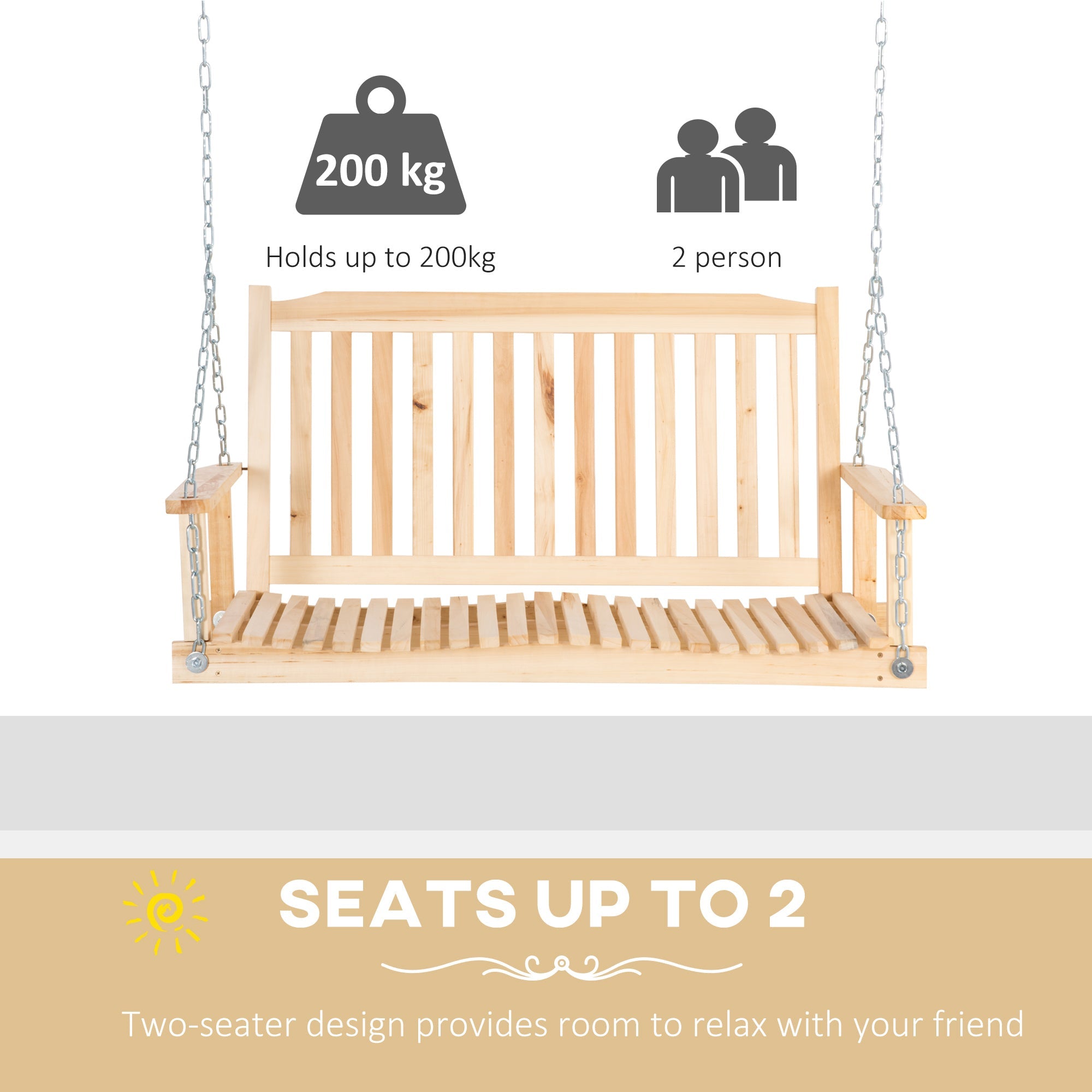 2-Person Porch Swing Bench, Patio Swing Chair with 2 Adjustable Hanging Chains for Deck, Garden, Backyard, Natural Hanging Porch Swings   at Gallery Canada