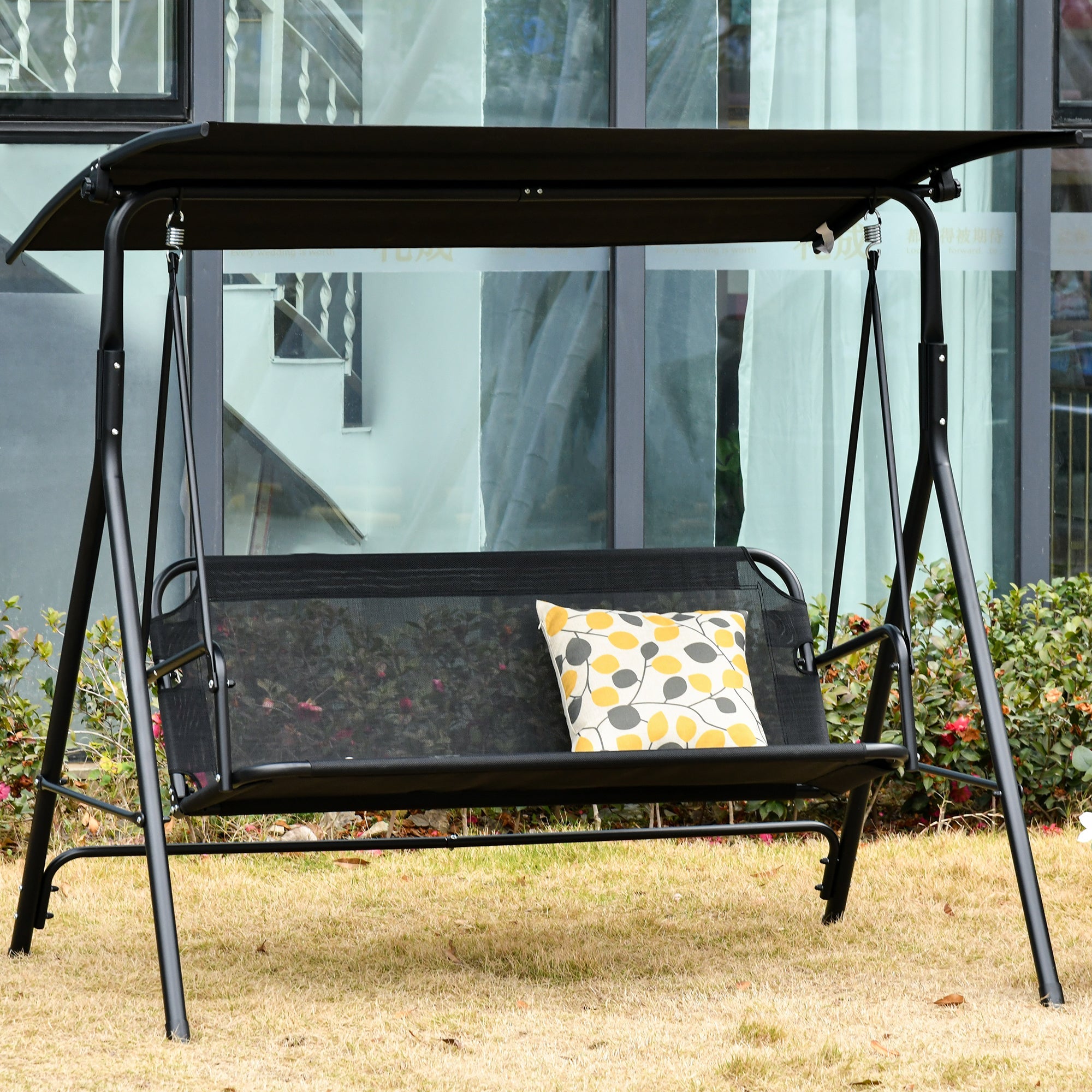 2 Person Porch Swing Chair 2 Seater Patio Swing Bench with Adjustable Canopy Breathable Seat for Garden Poolside Black Patio Swings with Stand   at Gallery Canada