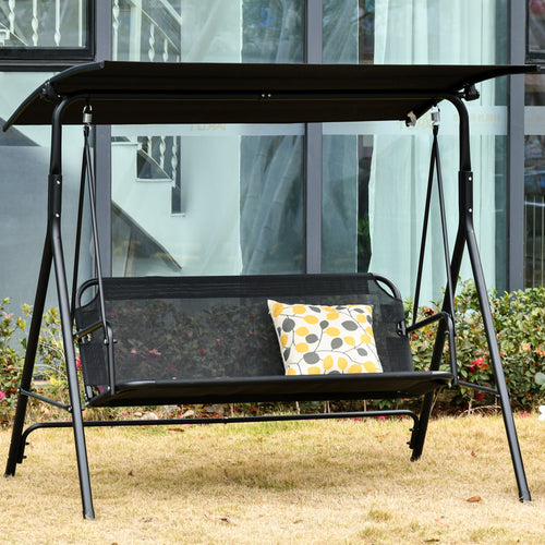 2 Person Porch Swing Chair 2 Seater Patio Swing Bench with Adjustable Canopy Breathable Seat for Garden Poolside Black