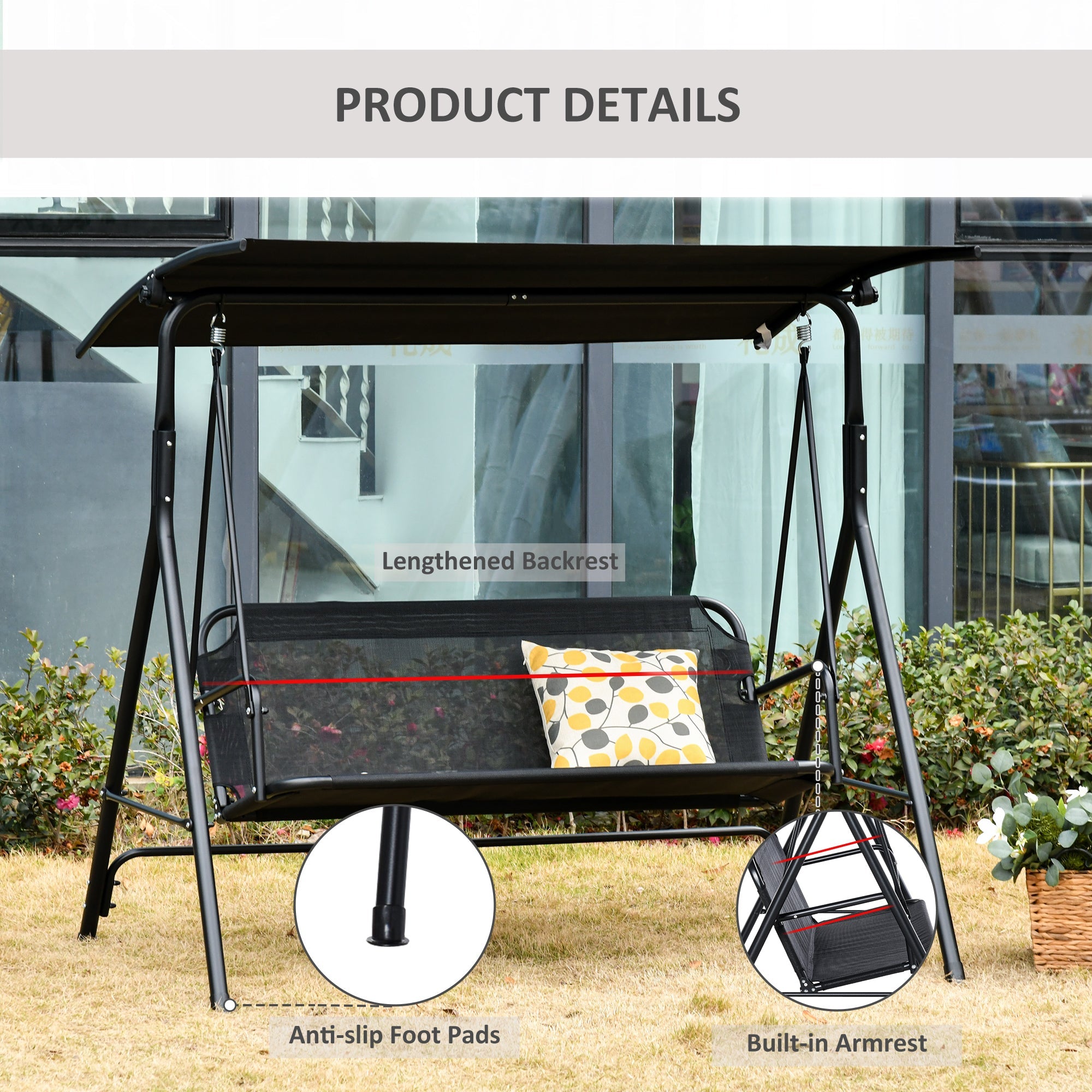 2 Person Porch Swing Chair 2 Seater Patio Swing Bench with Adjustable Canopy Breathable Seat for Garden Poolside Black Patio Swings with Stand   at Gallery Canada