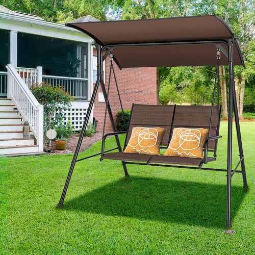 2 Person Porch Swing with Adjustable Canopy and Padded Seat, Brown