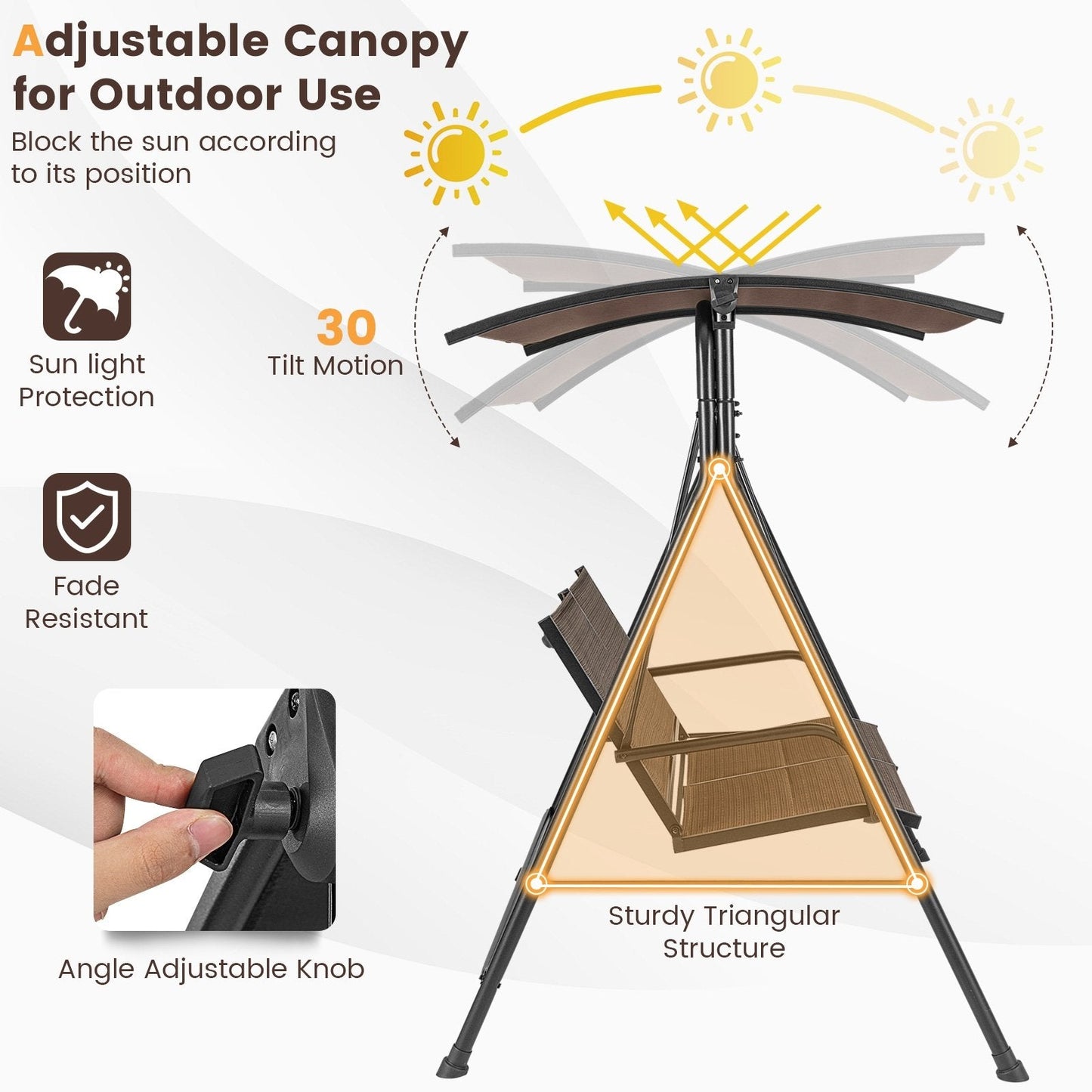 2 Person Porch Swing with Adjustable Canopy and Padded Seat, Brown Porch Swings   at Gallery Canada